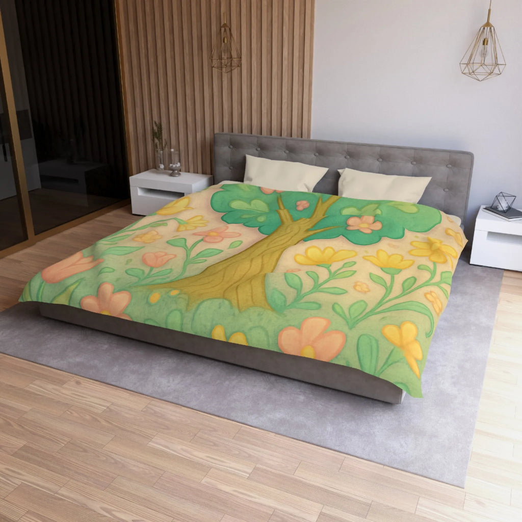 Housse de couette illustrée d'arbre fleuri et printemps avec couleurs douces pour chambre