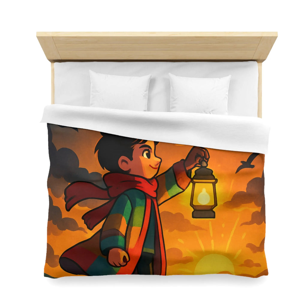 Housse de couette avec illustration enfantine colorée : garçon, lanterne, ciel dramatique