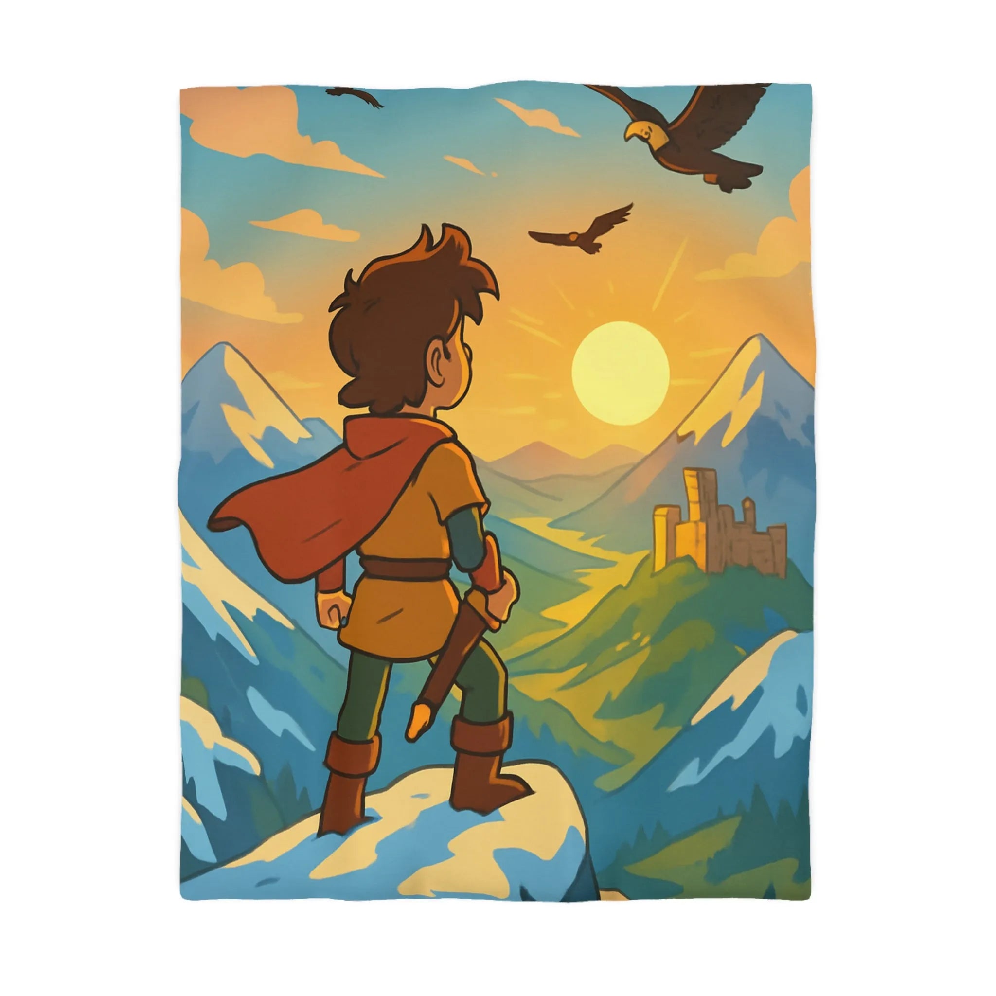 Housse de couette avec paysage montagneux, jeune aventurier et châteaux au coucher de soleil