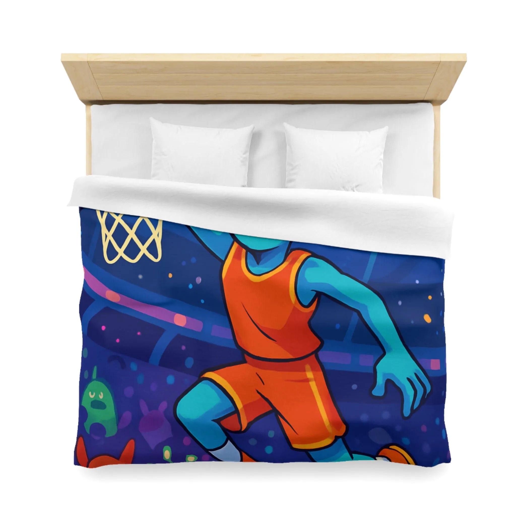 Housse de couette extraterrestre avec joueur de basket sous ciel planétaire coloré et vibrant