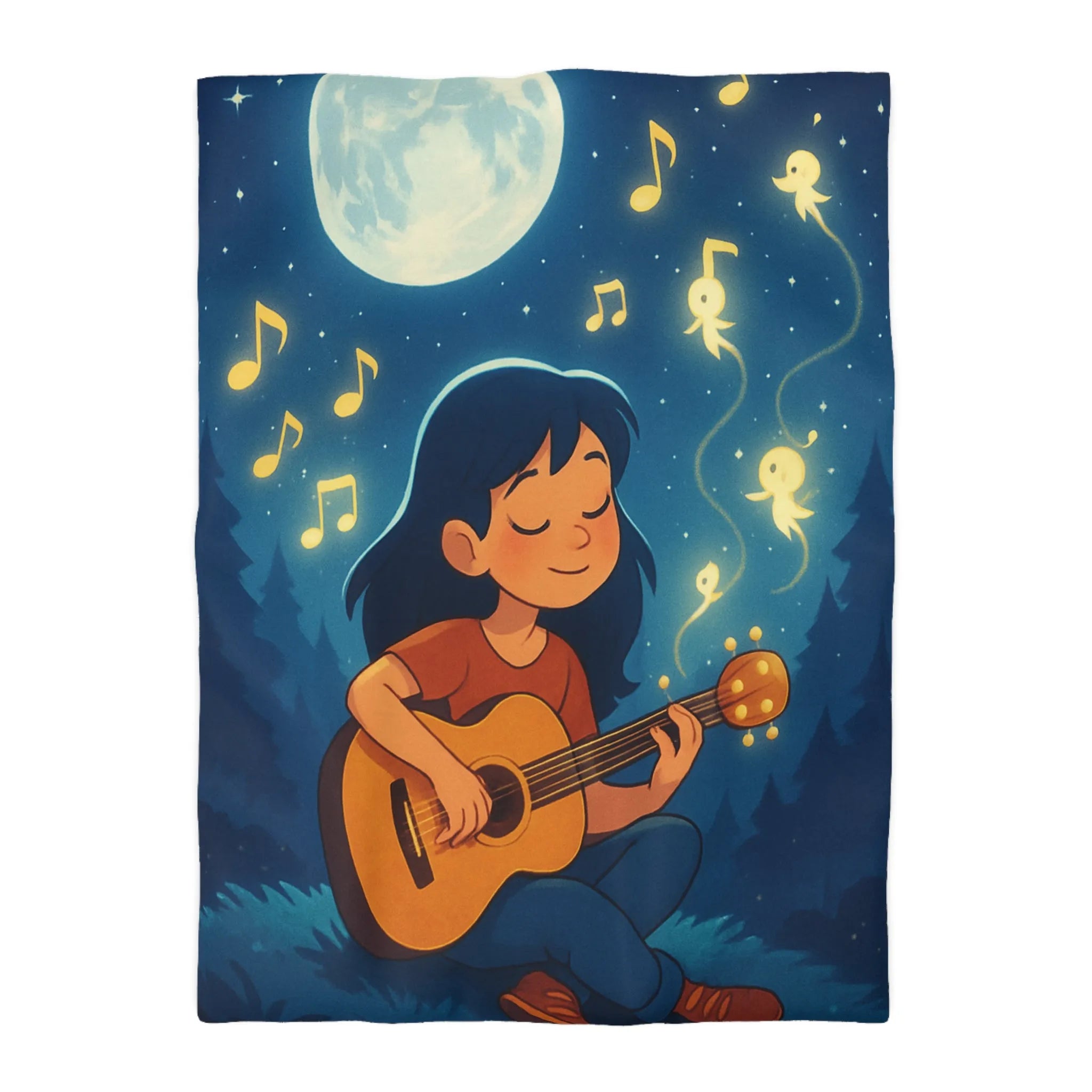 Housse de couette enchantée avec enfant jouant de la guitare sous la pleine lune