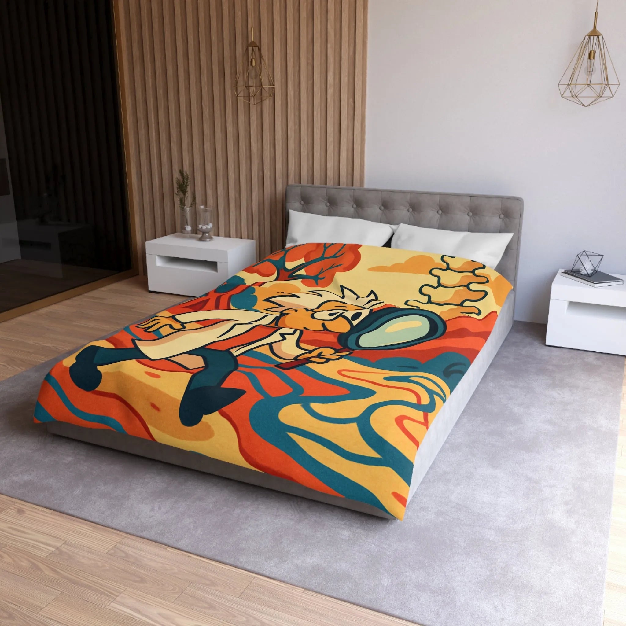 Housse de couette ludique avec personnage scientifique explorant un paysage naturel coloré