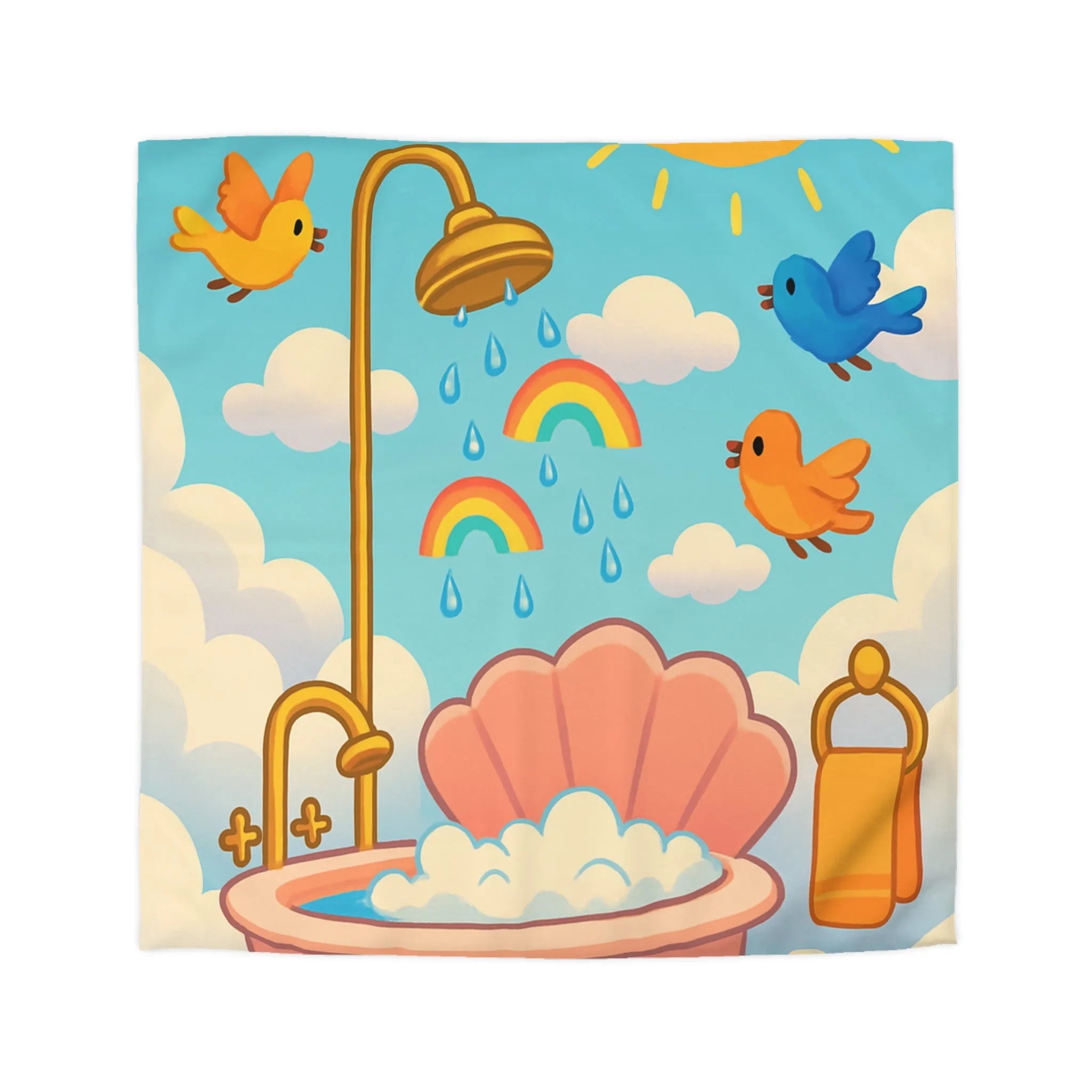 Housse de couette colorée enfants bain nuages pluie arc-en-ciel oiseaux soleil