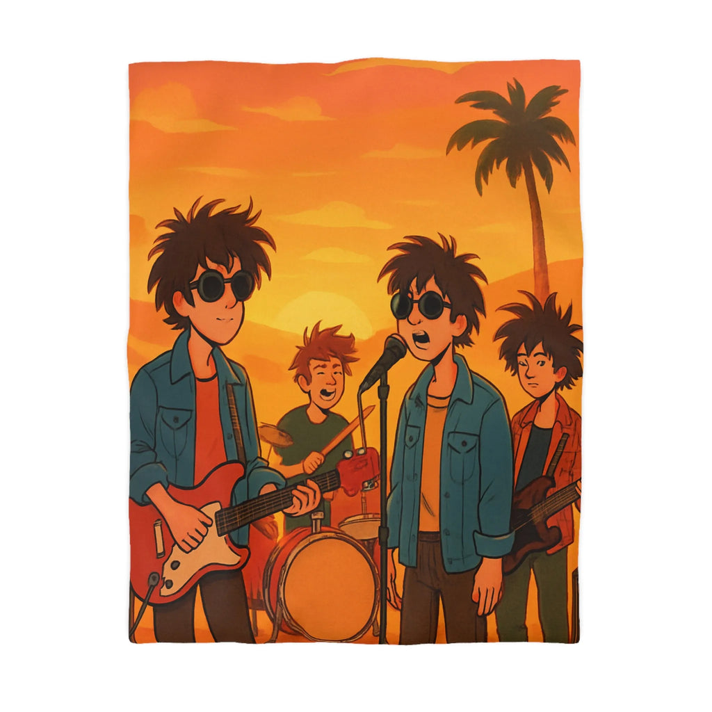 Housse de couette ensoleillée avec musiciens, ambiance rétro pour chambres modernes et vintage