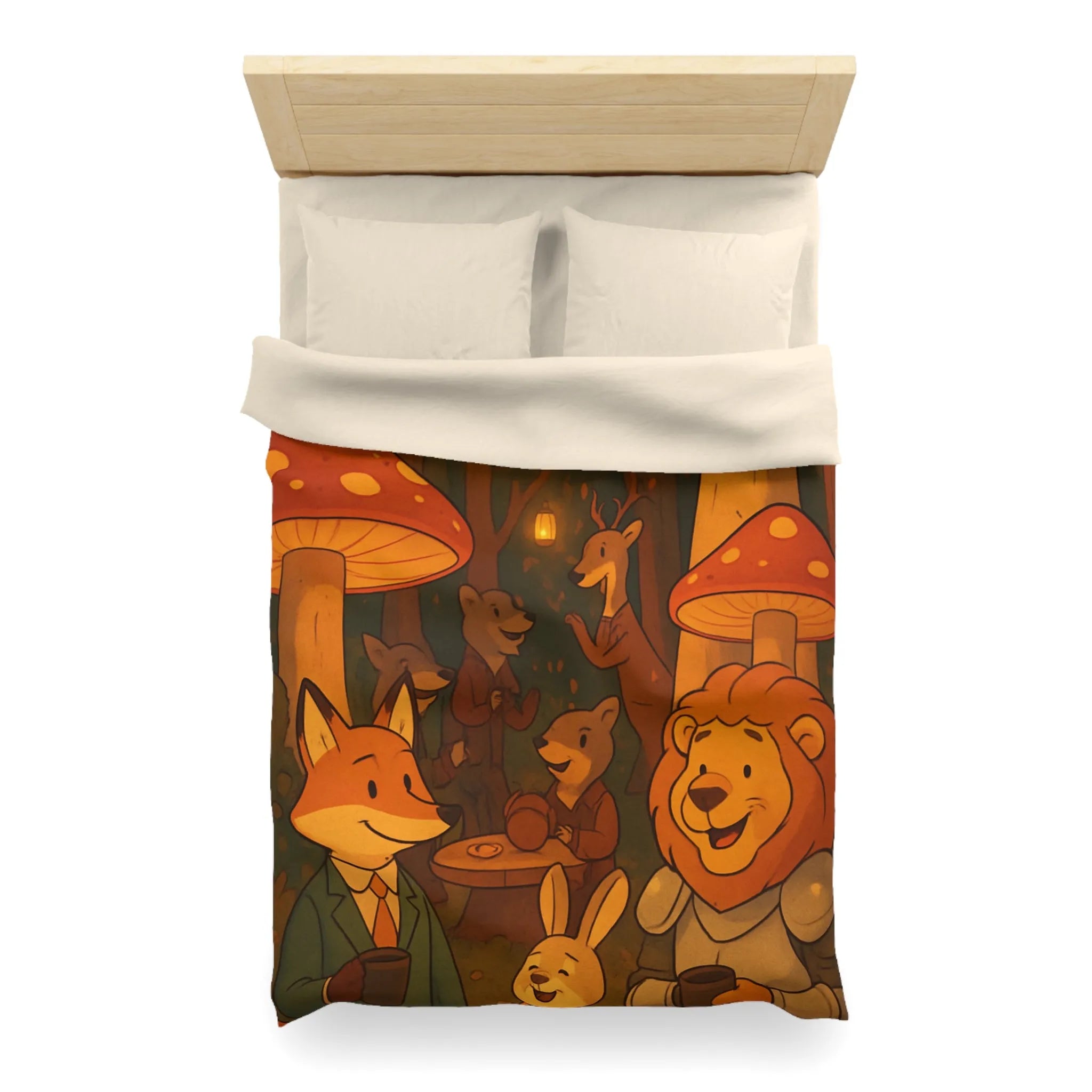 Housse de couette enchantée avec animaux sous champignons géants dans une forêt magique