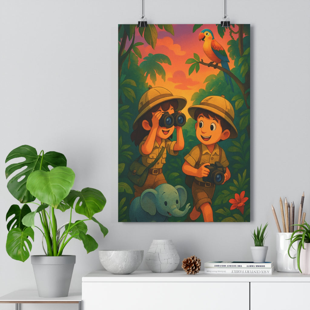 Poster décoratif enfant jungle vert orange moderne aventure joyeux chambre coloré tendance unique exploration