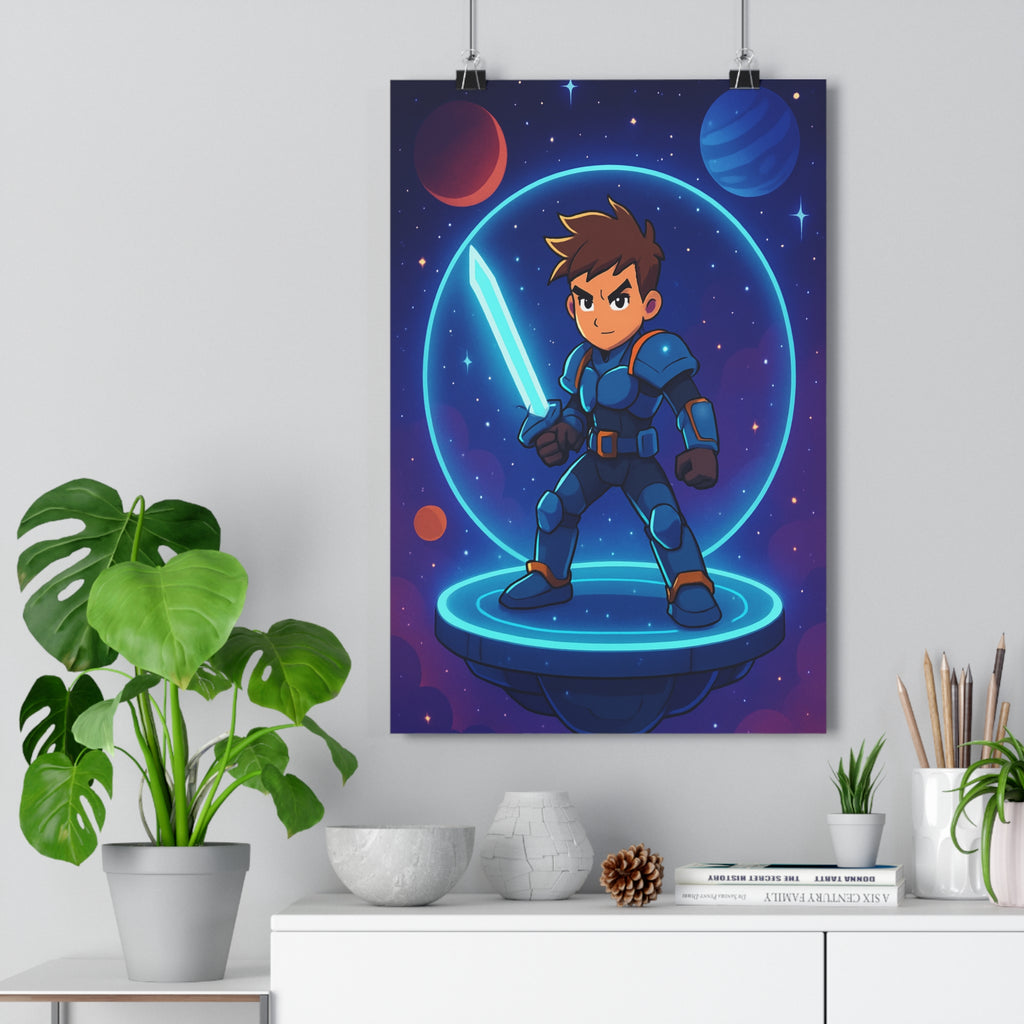 Poster décoratif futuriste gladiateur bleu rouge rétro aventure épée lumineuse chambre bureau dynamique 30x46