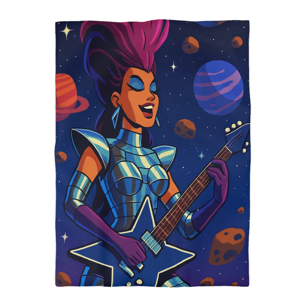Housse de couette espace cosmique avec musicienne extraterrestre jouant de la guitare étoilée