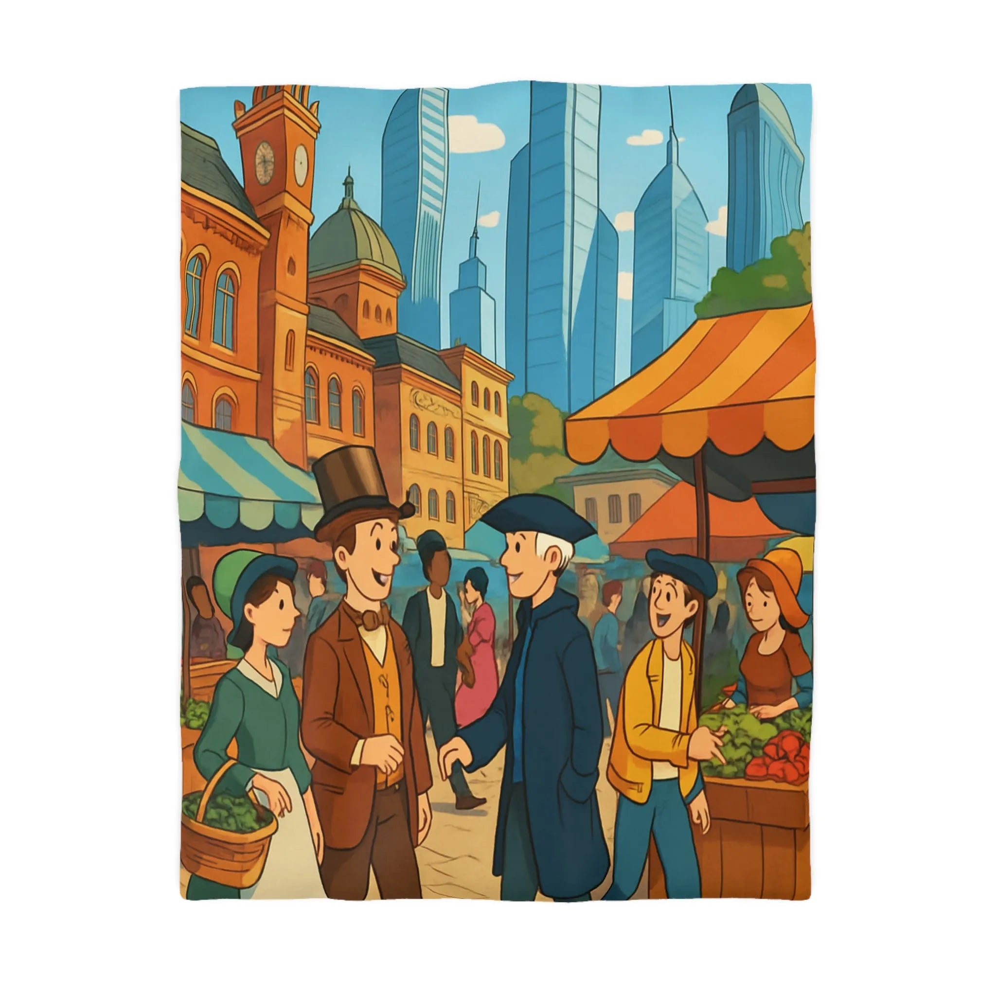 Housse de couette illustrée style rétro avec scène de marché urbain animé