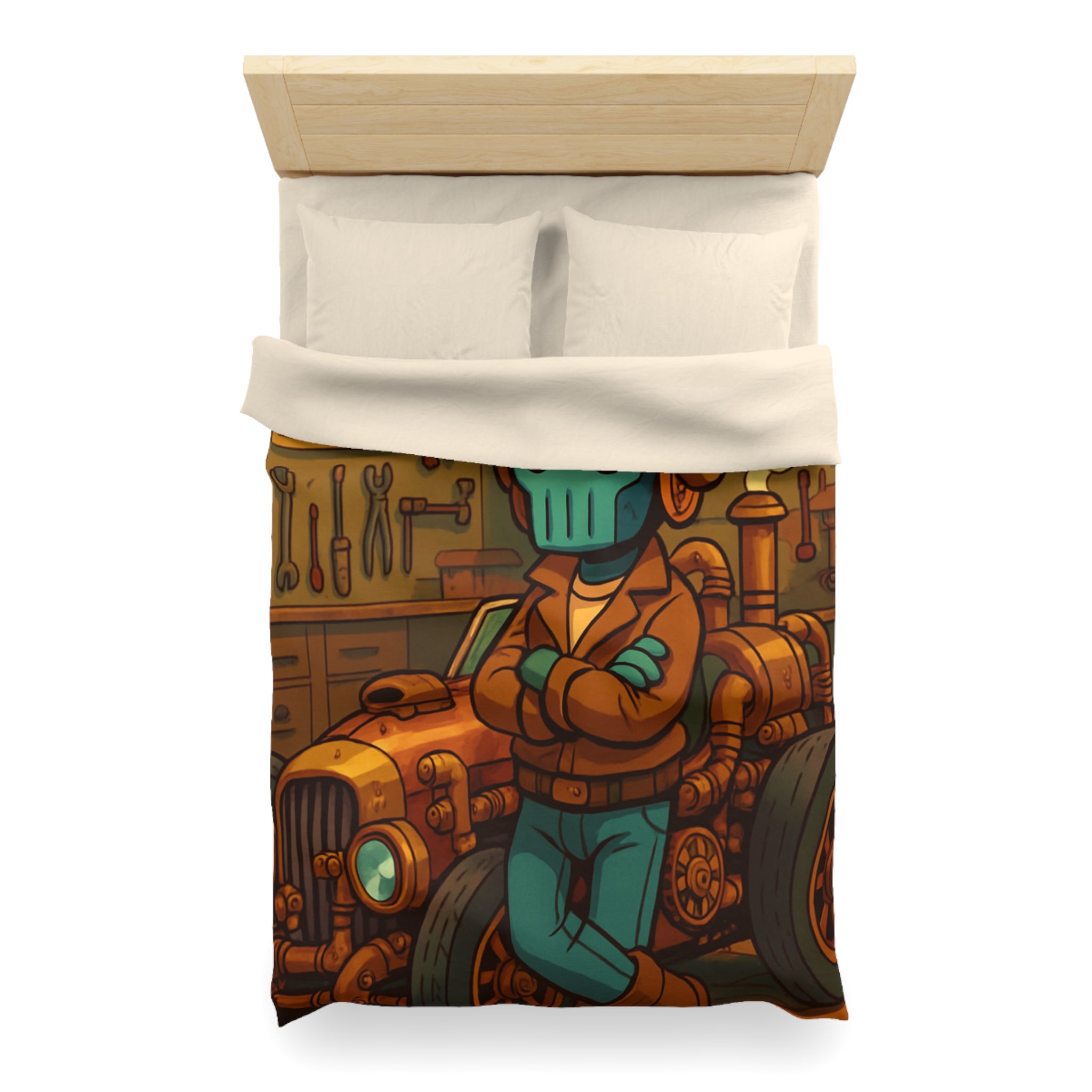Housse de couette rétro steampunk avec voiture vintage et robot dans un atelier