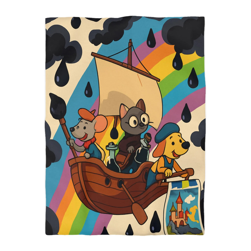 Housse de couette enfant avec animaux navigateurs sur arc-en-ciel et bateau enchanteur