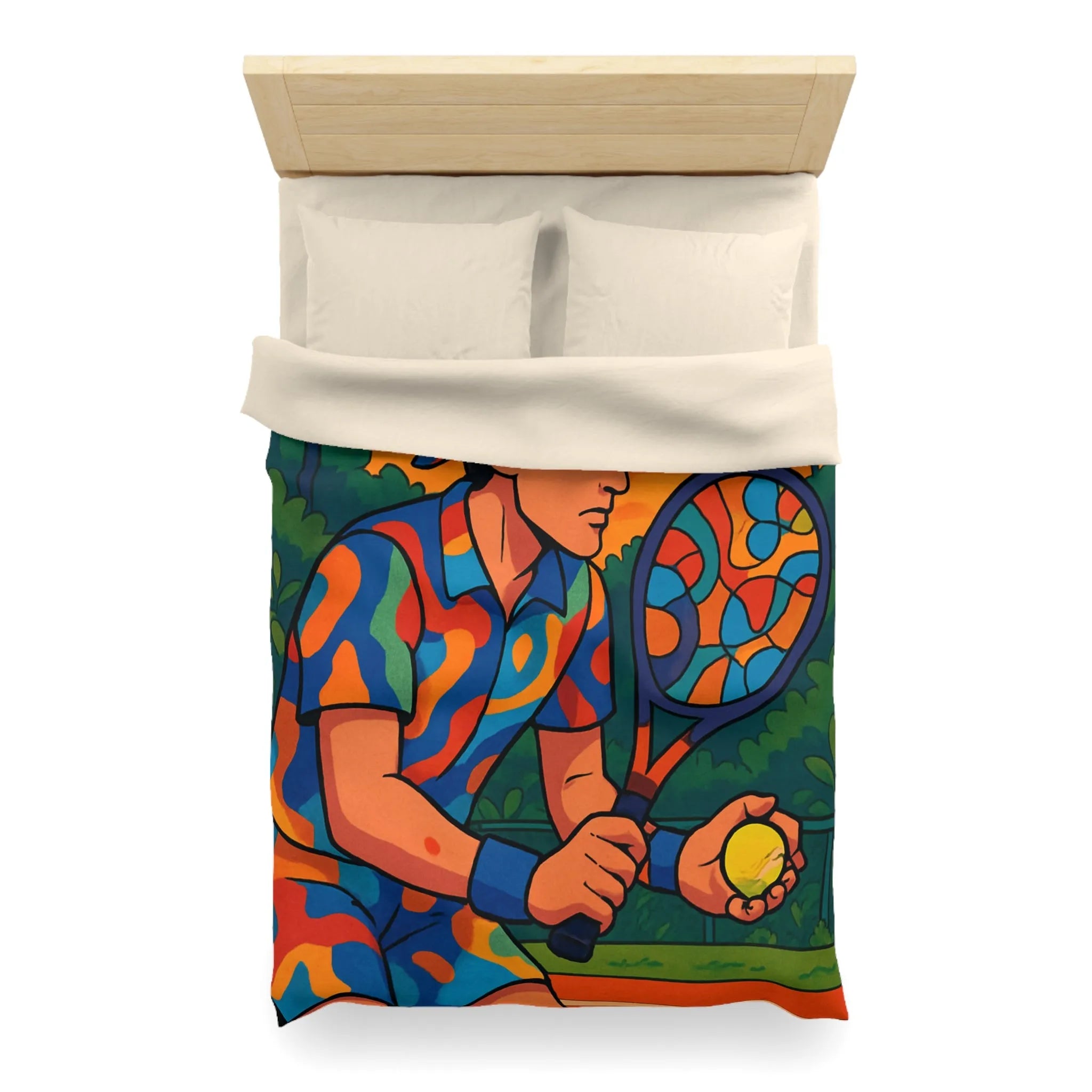 Housse de Couette Colorée Tennis Design Vibrant avec Joueur en Action et Palmiers