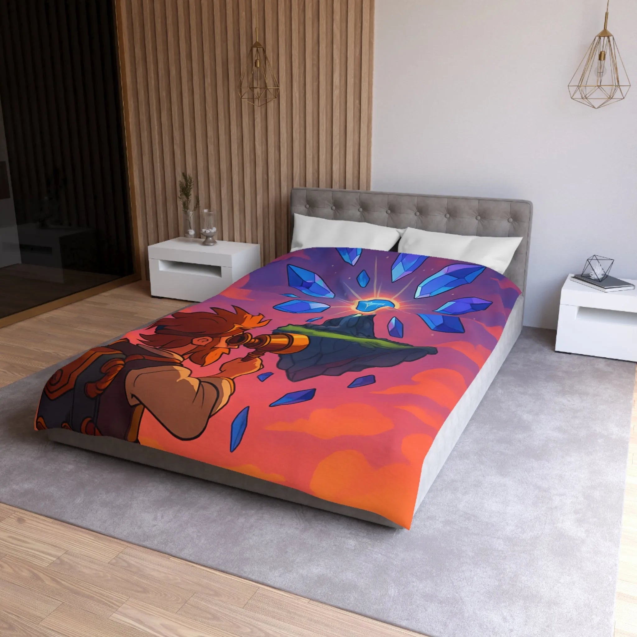 Housse de couette aventure fantastique avec cristaux flottants et scientifique explorateur