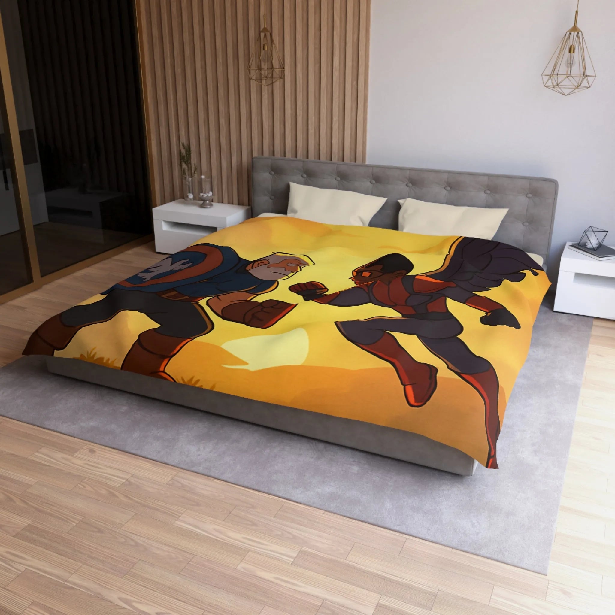 Housse de couette épique avec scène de combat héroïque au coucher du soleil