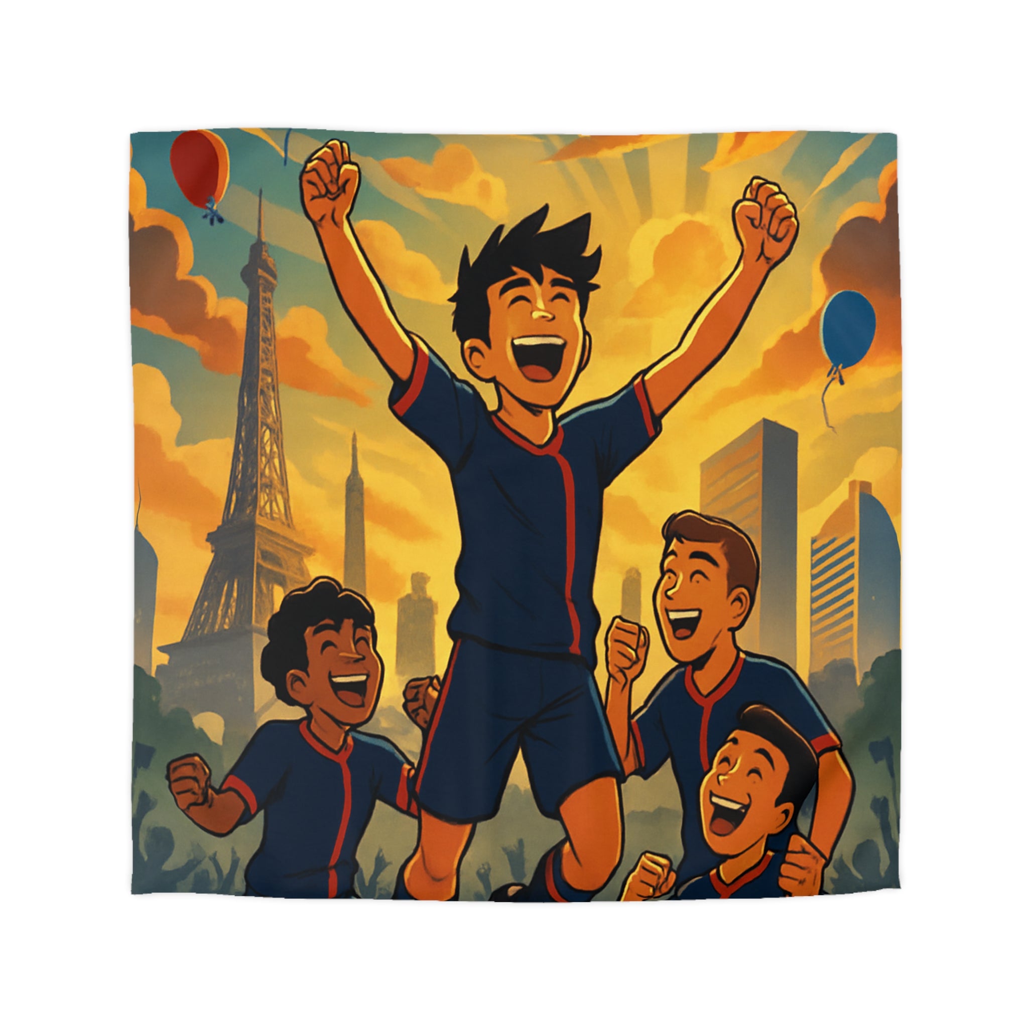 Housse de couette pour enfants avec footballeurs enthousiastes devant paysage urbain en coucher de soleil
