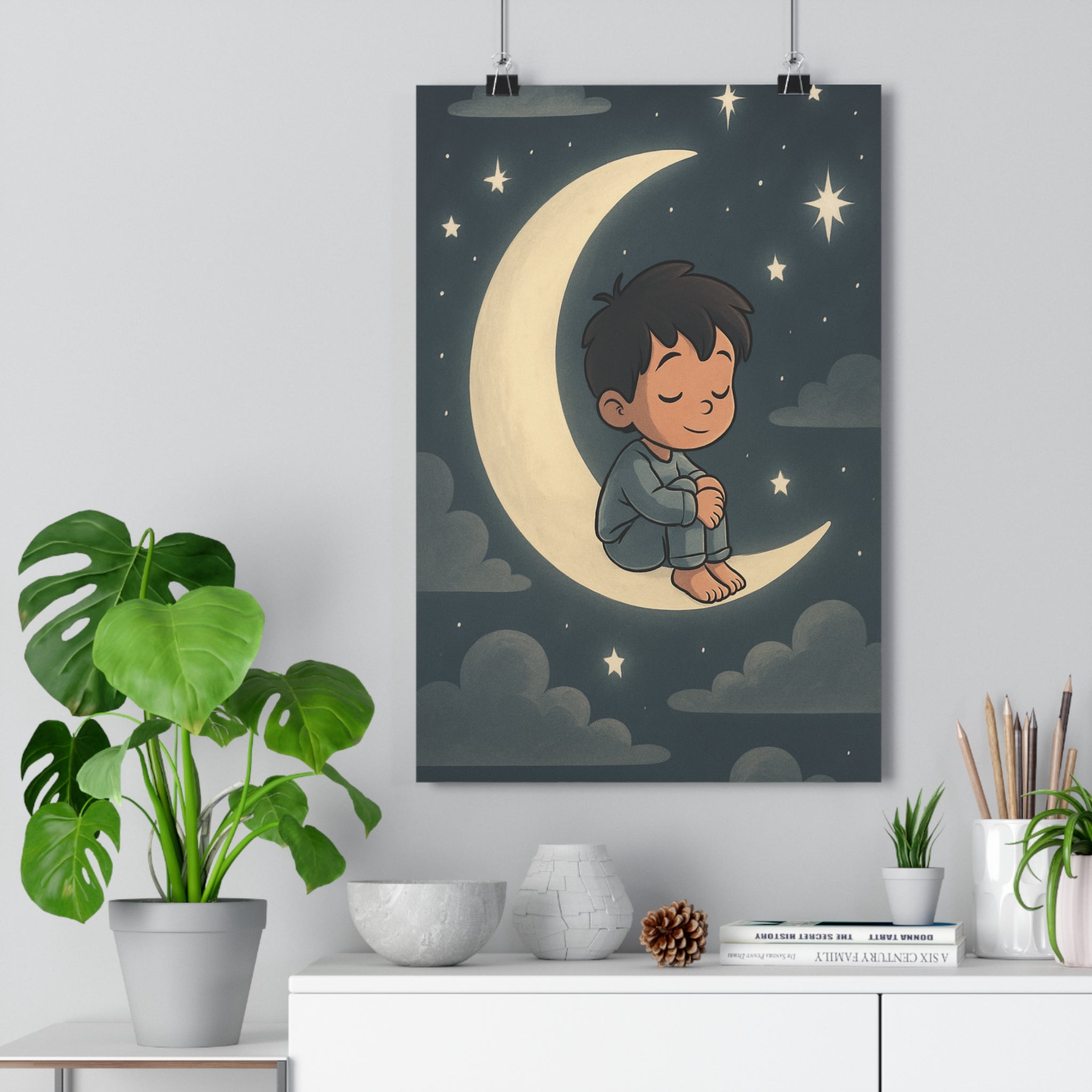 Poster décoratif enfant croissant lune noir blanc fantaisie douce rêveuse sereine chambre 30x46 cm