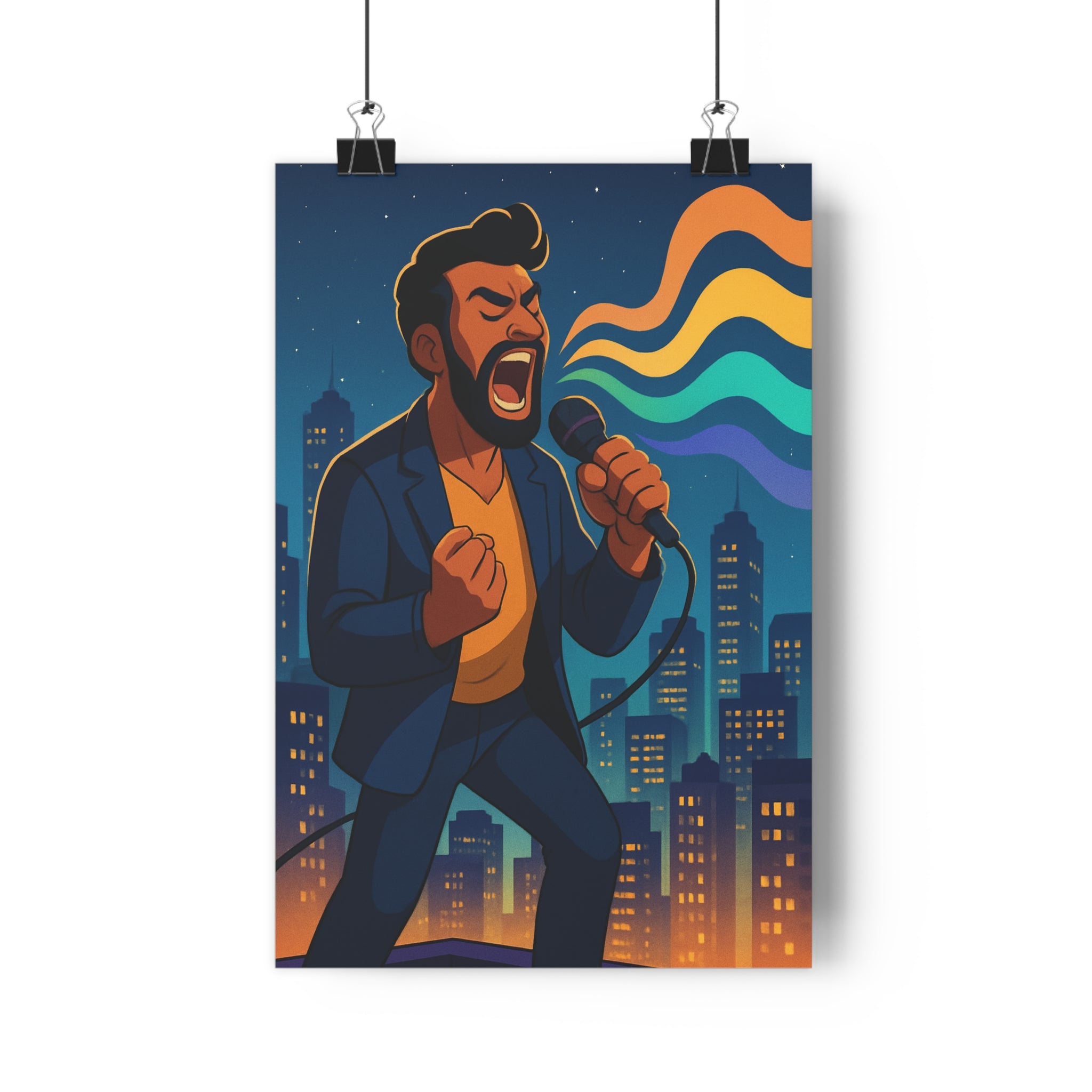 Poster décoratif chanteur urbain cartoon bleu orange violet salon moderne dynamique musique tendance ambiance