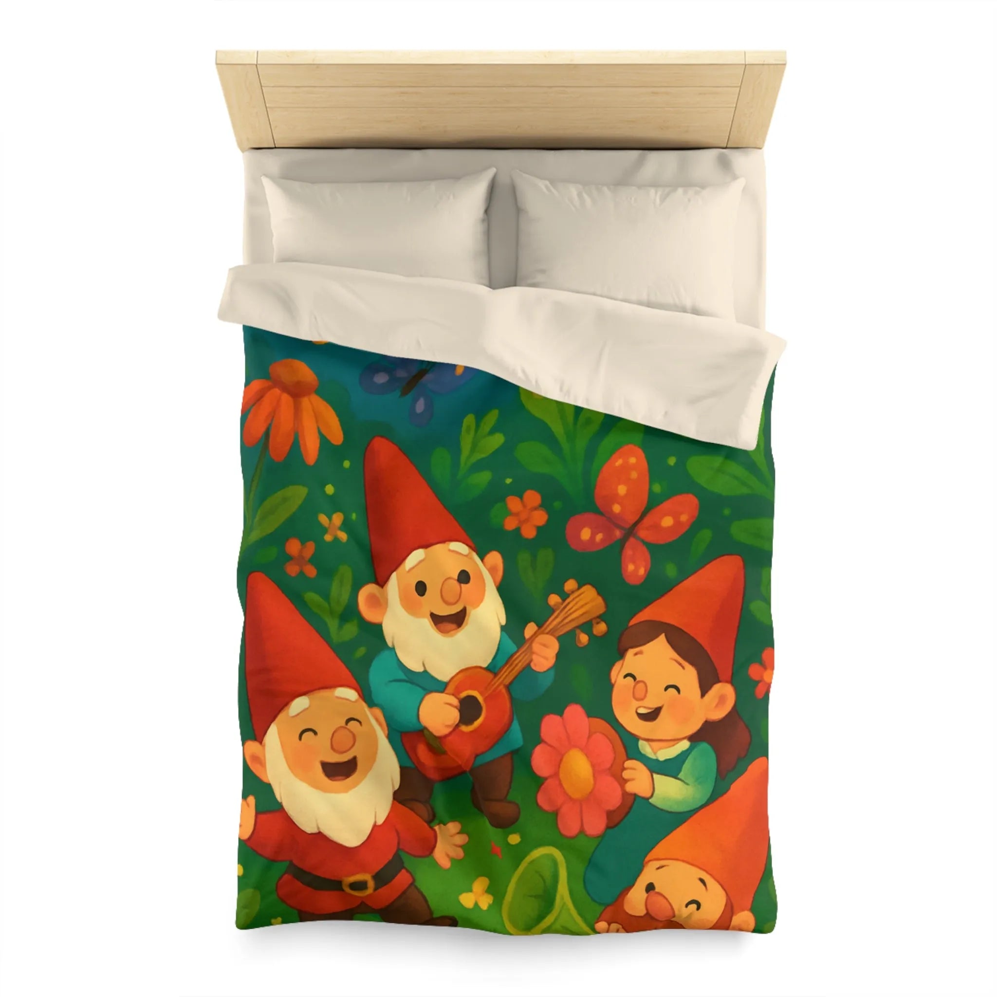 Housse de couette enfant joyeuse aux lutins dans un jardin ensoleillé et fleuri