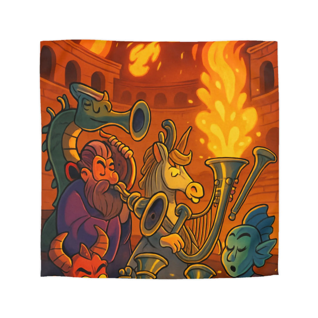 Housse de couette fantastique illustrée avec dragons, musiciens mythiques et couleurs flamboyantes