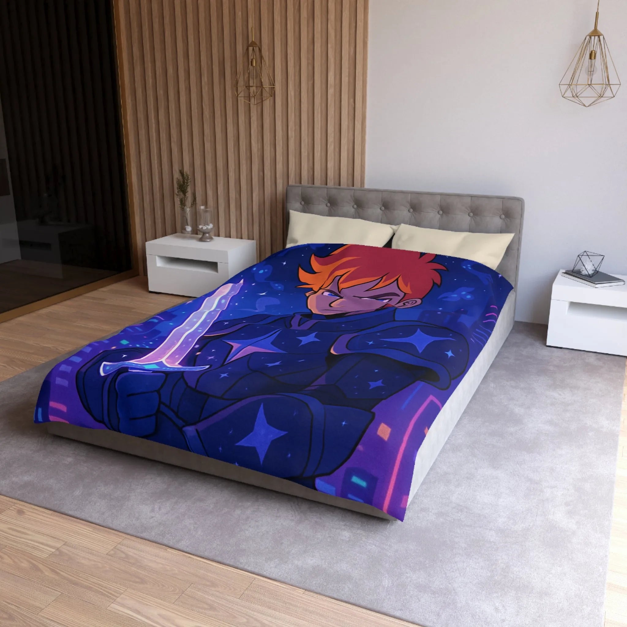 Housse de couette galactique avec chevalier et skyline futuriste pour chambre moderne