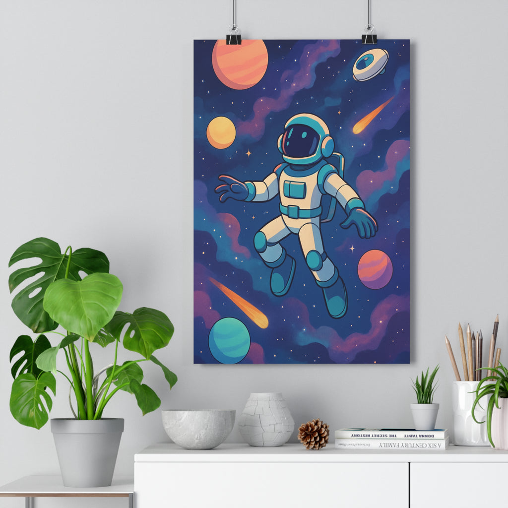 Poster décoratif astronaute planètes étoiles cartoon rétro bleu orange violet enfant chambre aventure qualité