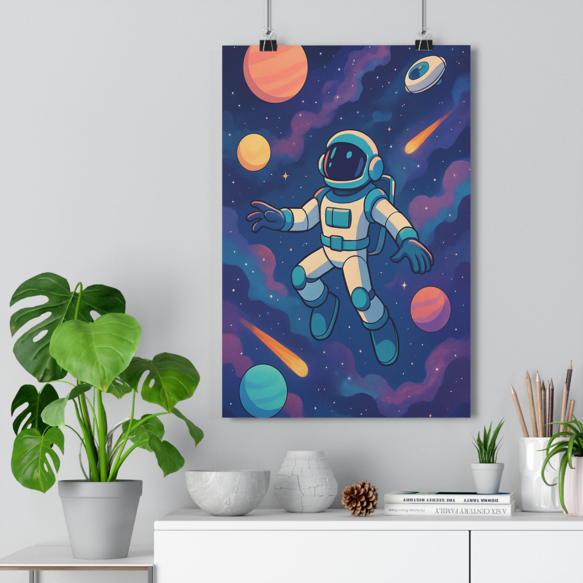 Poster décoratif astronaute planètes étoiles cartoon rétro bleu orange violet enfant chambre aventure qualité