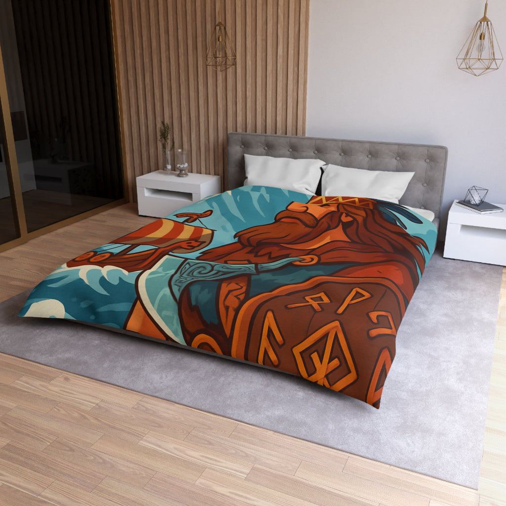Housse de couette viking avec guerrier, montagne, navire, mer, motifs runiques