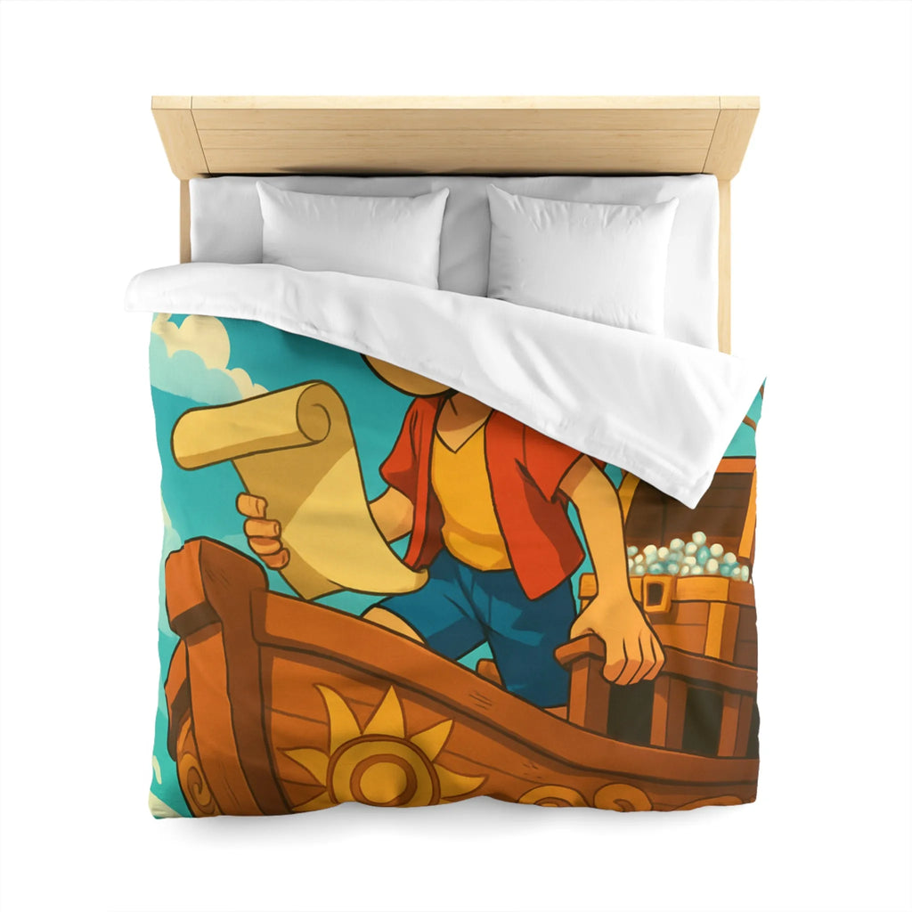 Douce housse de couette enfant motif pirate joyeux en bateau sur vagues bleues