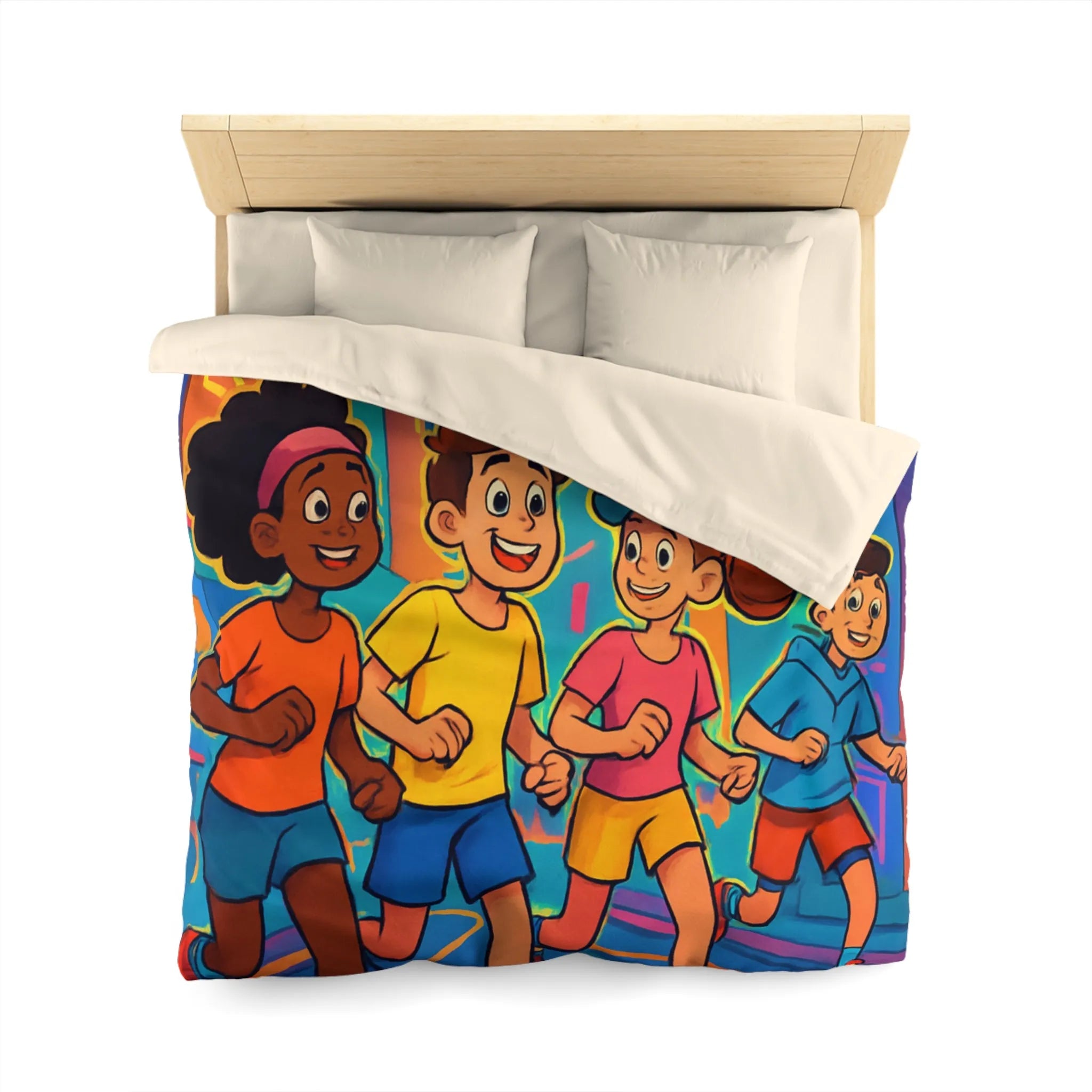 Ensemble d'enfants colorés courant en ville, illustration dynamique pour housse de couette vive
