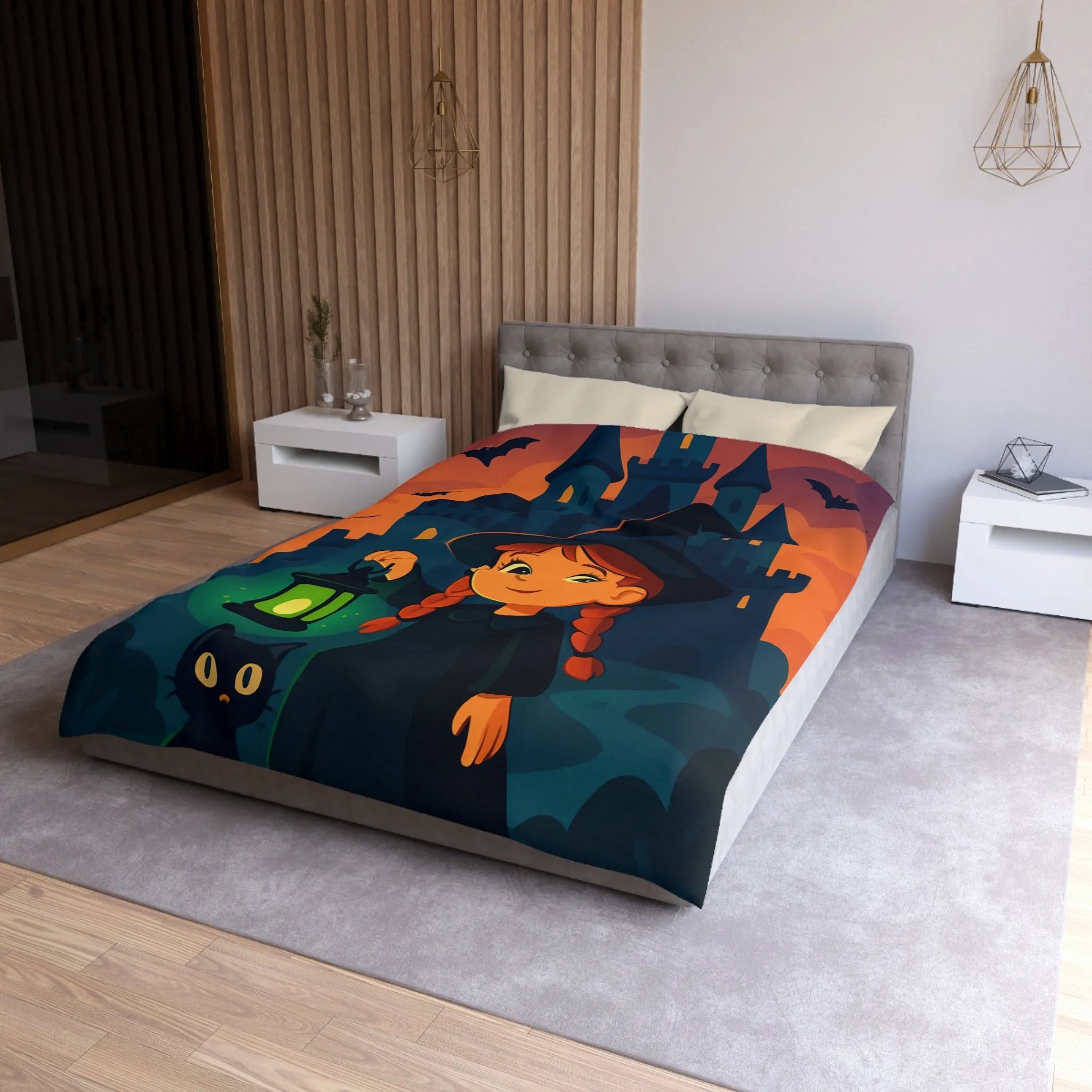 Housse de couette enfant avec sorcière, château, chauves-souris et chat noir