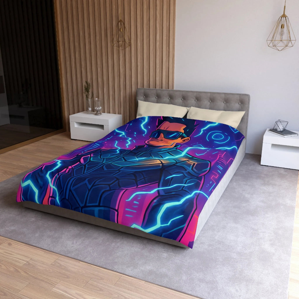 Housse de Couette Futuriste Cyberpunk avec Éclairs Électriques et Design Néon Énergétique