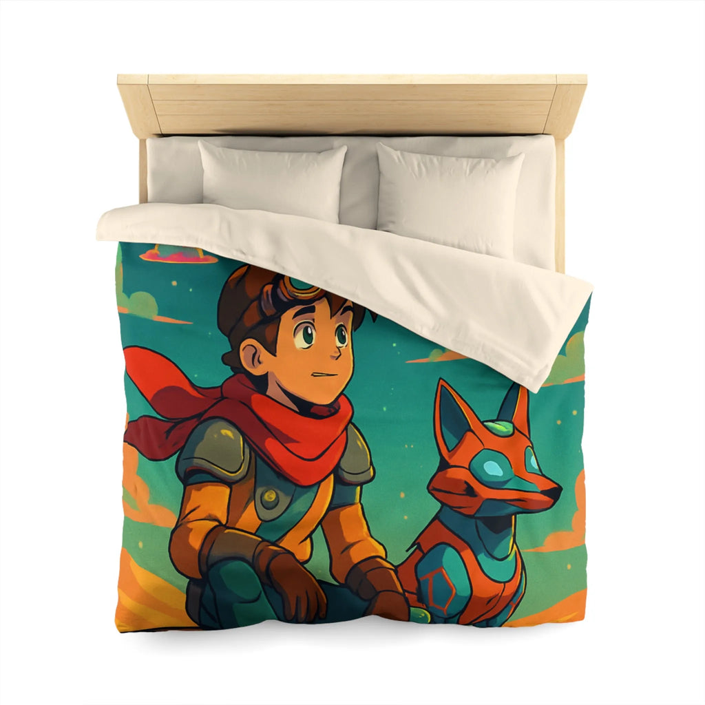 Housse de couette avec illustration colorée de personnage animé et chien robot sous ciel étoilé
