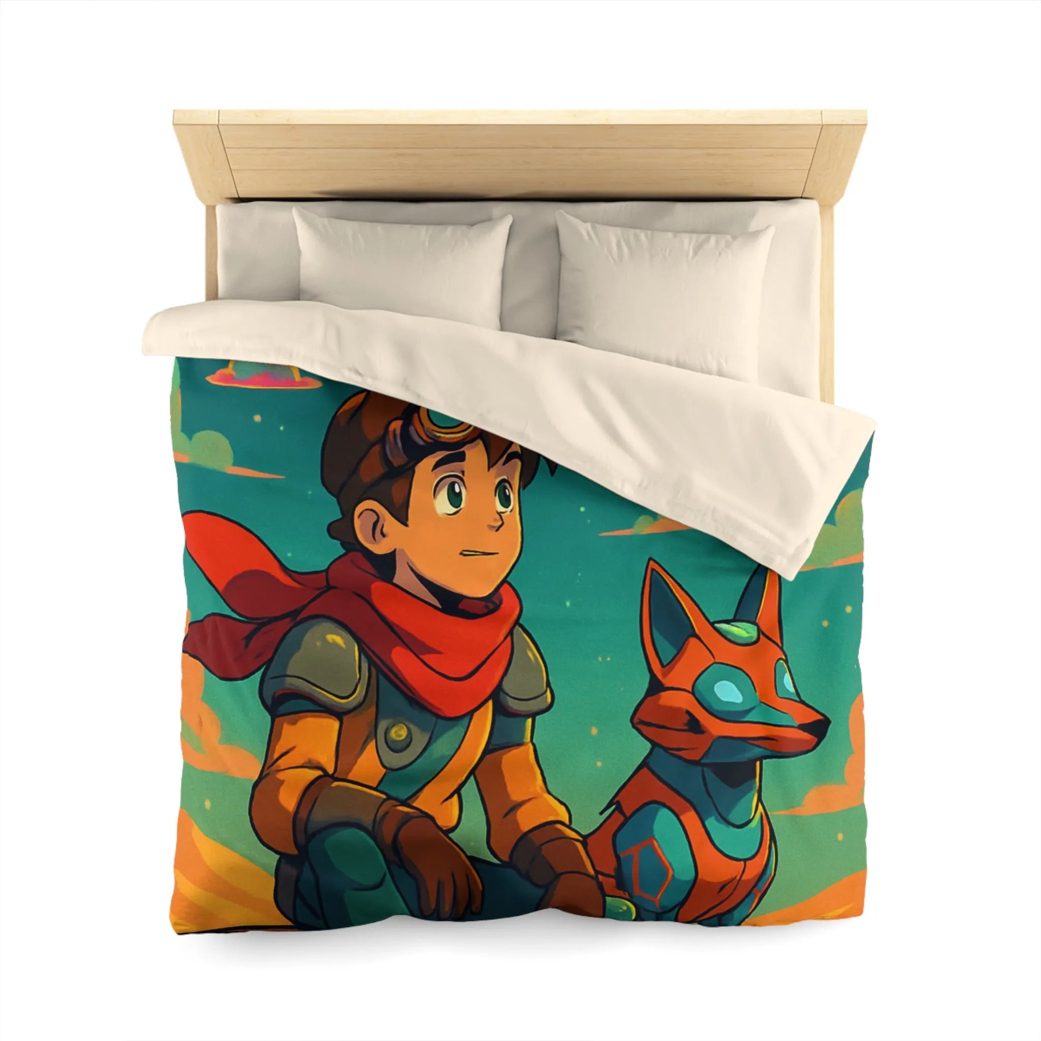 Housse de couette avec illustration colorée de personnage animé et chien robot sous ciel étoilé