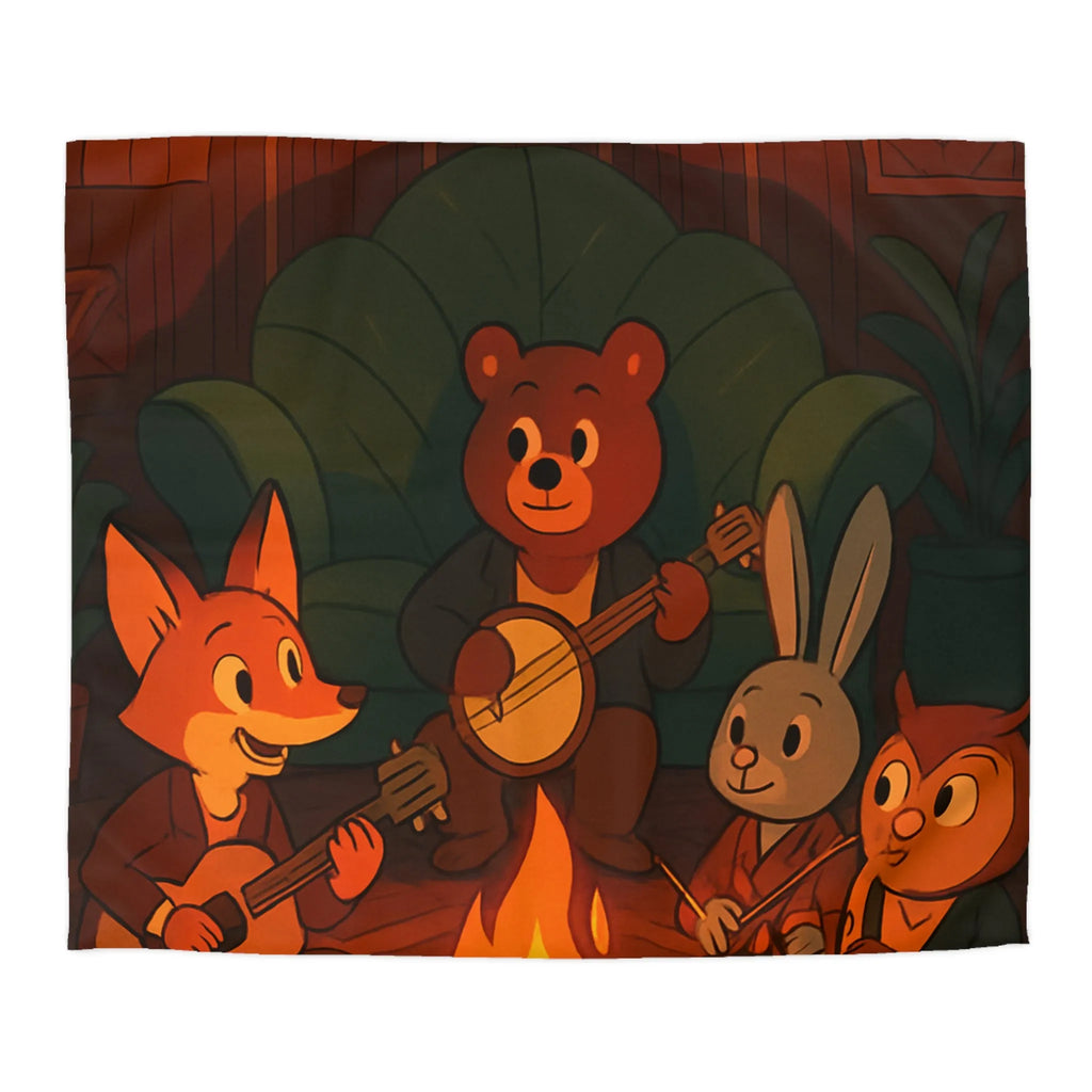 Housse de Couette Animaux Musiciens Autour Feu de Camp Ambiance Cosy pour Chambre Enfant