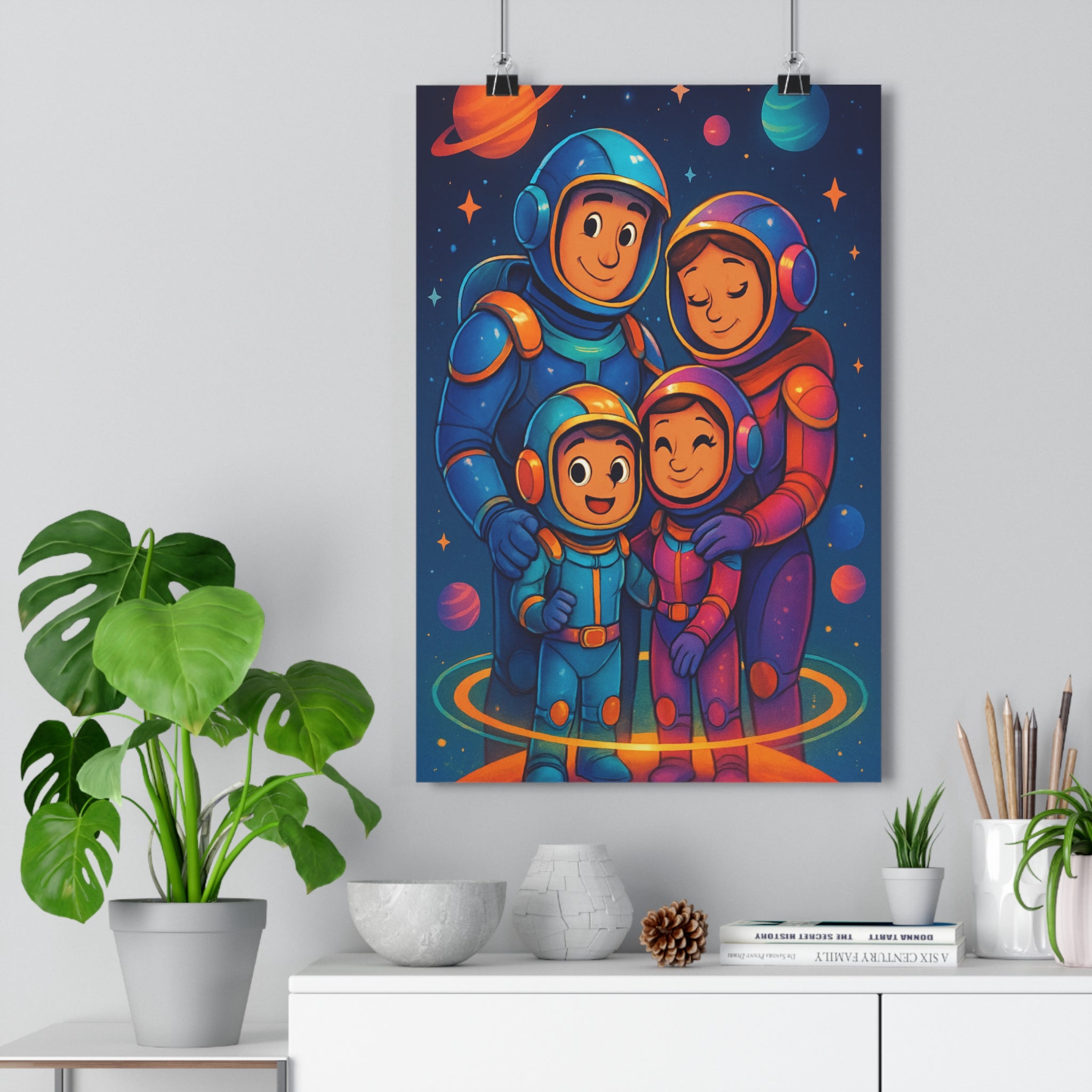 Poster décoratif cosmique cartoon bleu orange violet joyeux chambre enfant famille espace astronaute style