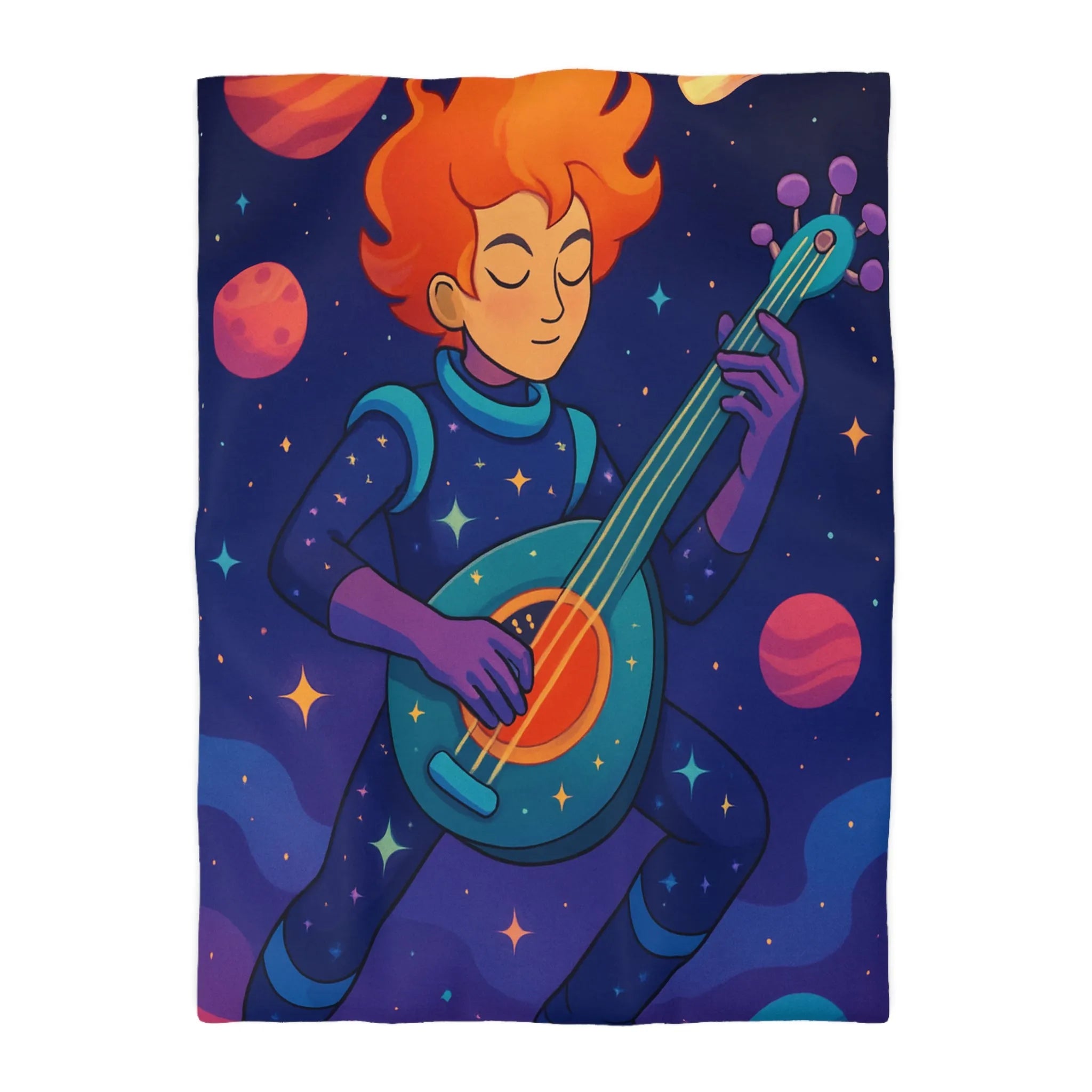 Housse de couette artistique espace avec musicien, planètes et comète colorée