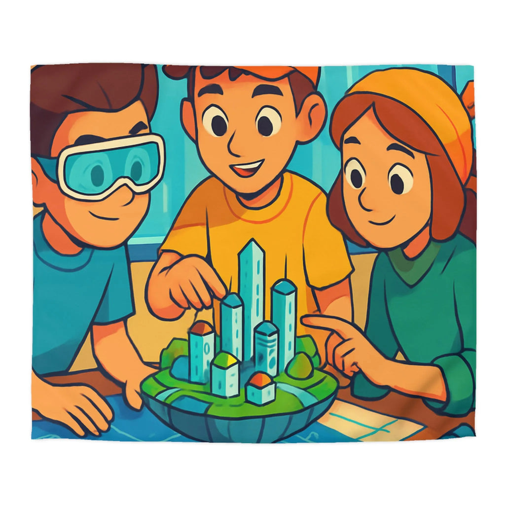 Housse de couette avec design futuriste ludique, enfants explorant une ville miniature colorée