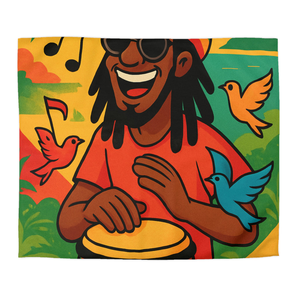 Housse de couette vibrante arc-en-ciel reggae avec tambour, palmiers et oiseaux colorés