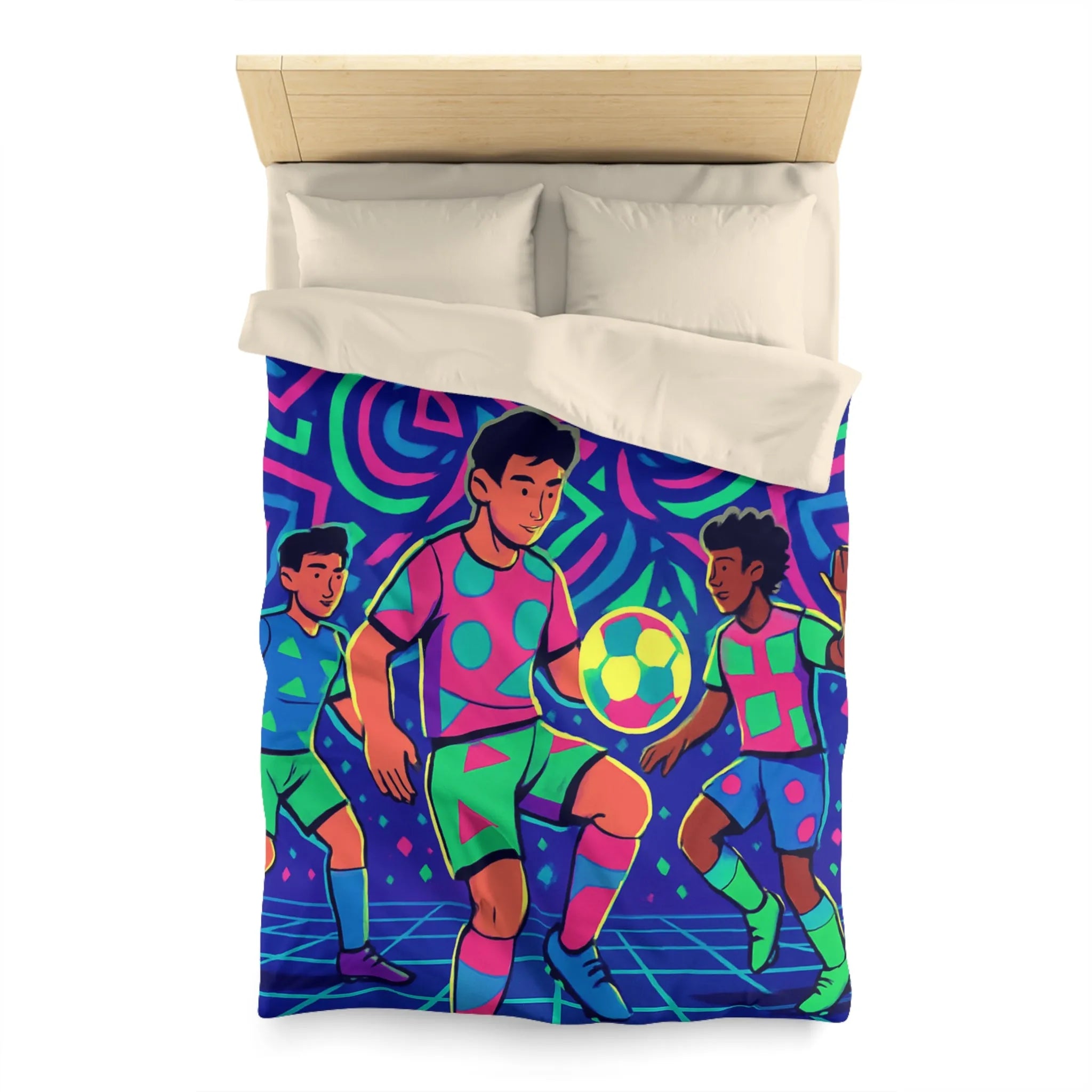 Housse de Couette Football Colorée avec Motifs Psychédéliques et Jeunes Joueurs en Action