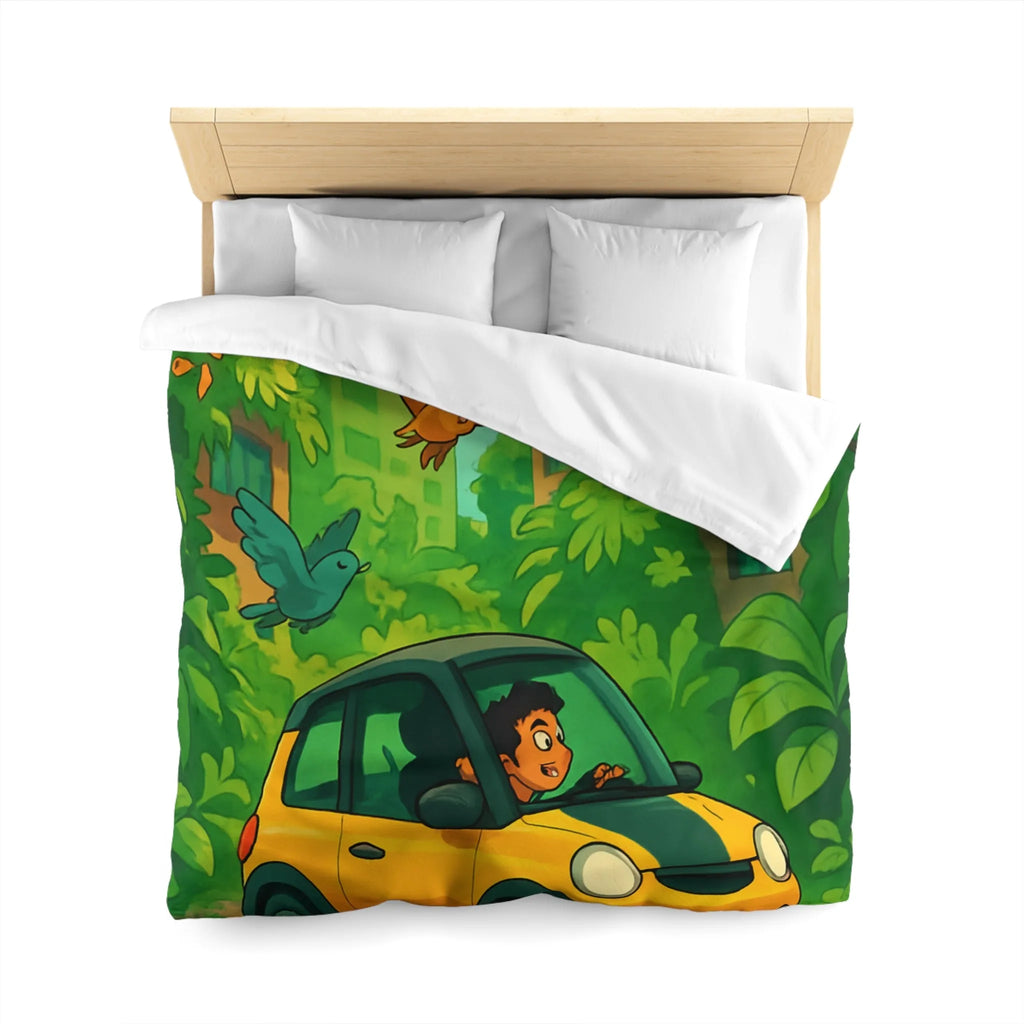Housse de couette colorée avec voiture jaune et jungle luxuriante pour enfants aventureux