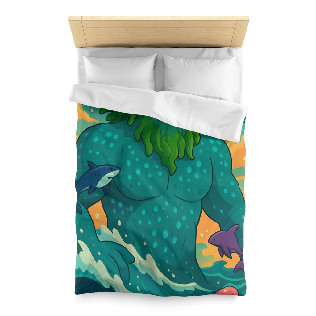 Housse de couette avec géant des mers, faune marine et ciel coloré