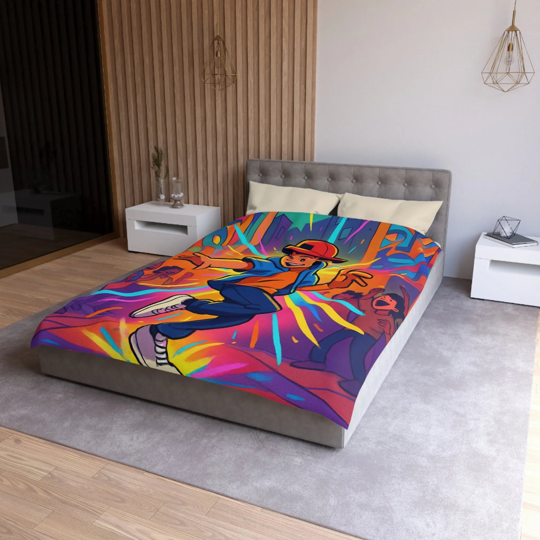 Housse couette street dance couleur vive, ambiance urbaine, dessin dynamique jeune garçon joyeux