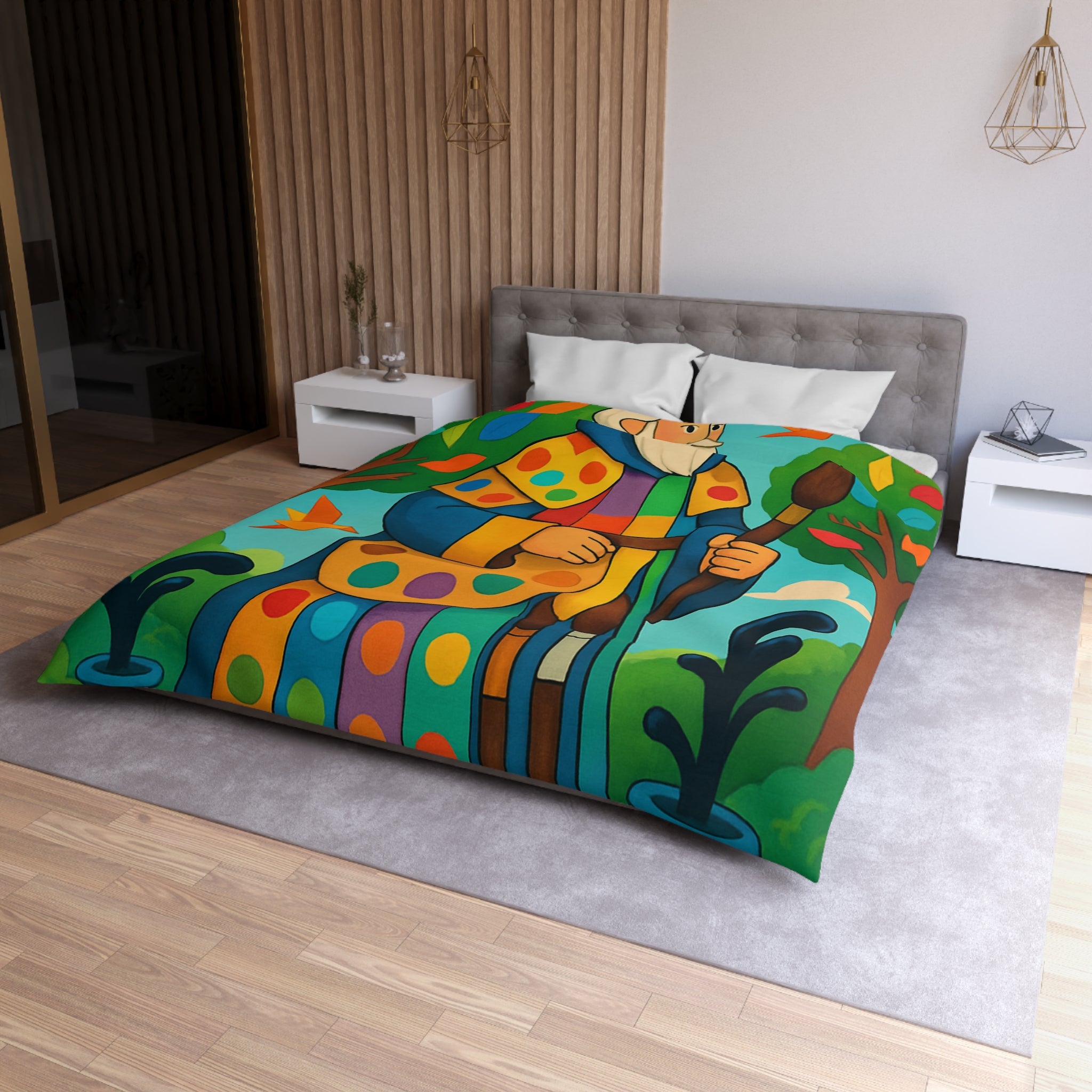 Housse de couette multicolore avec roi et oiseaux dans un jardin enchanteur