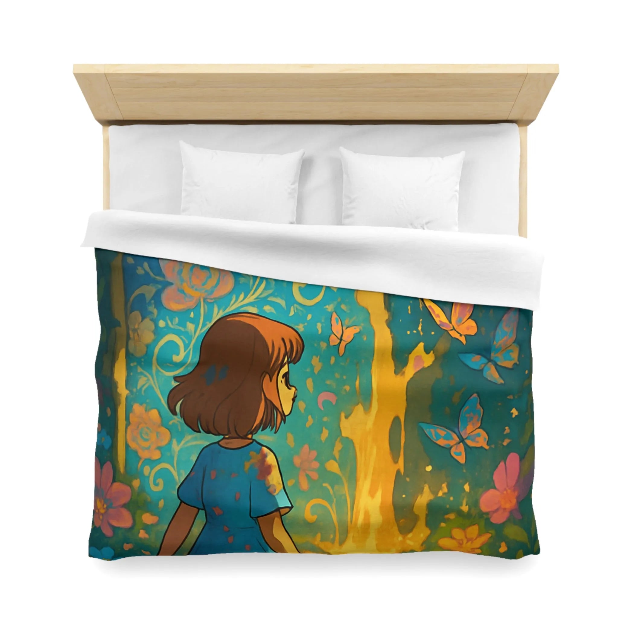 Housse de Couette Enfantine Féerique avec Papillons et Fleurs, Tons Vifs et Lumineux