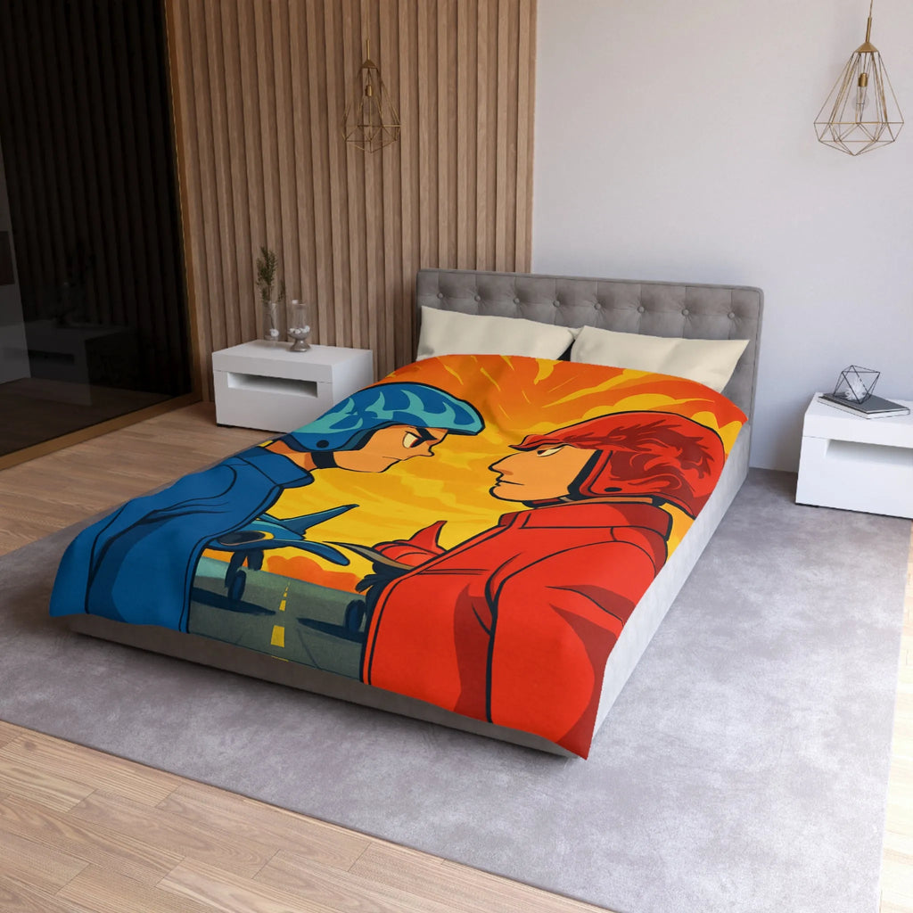 Housse de couette colorée avec deux pilotes et jets sur fond flamboyant