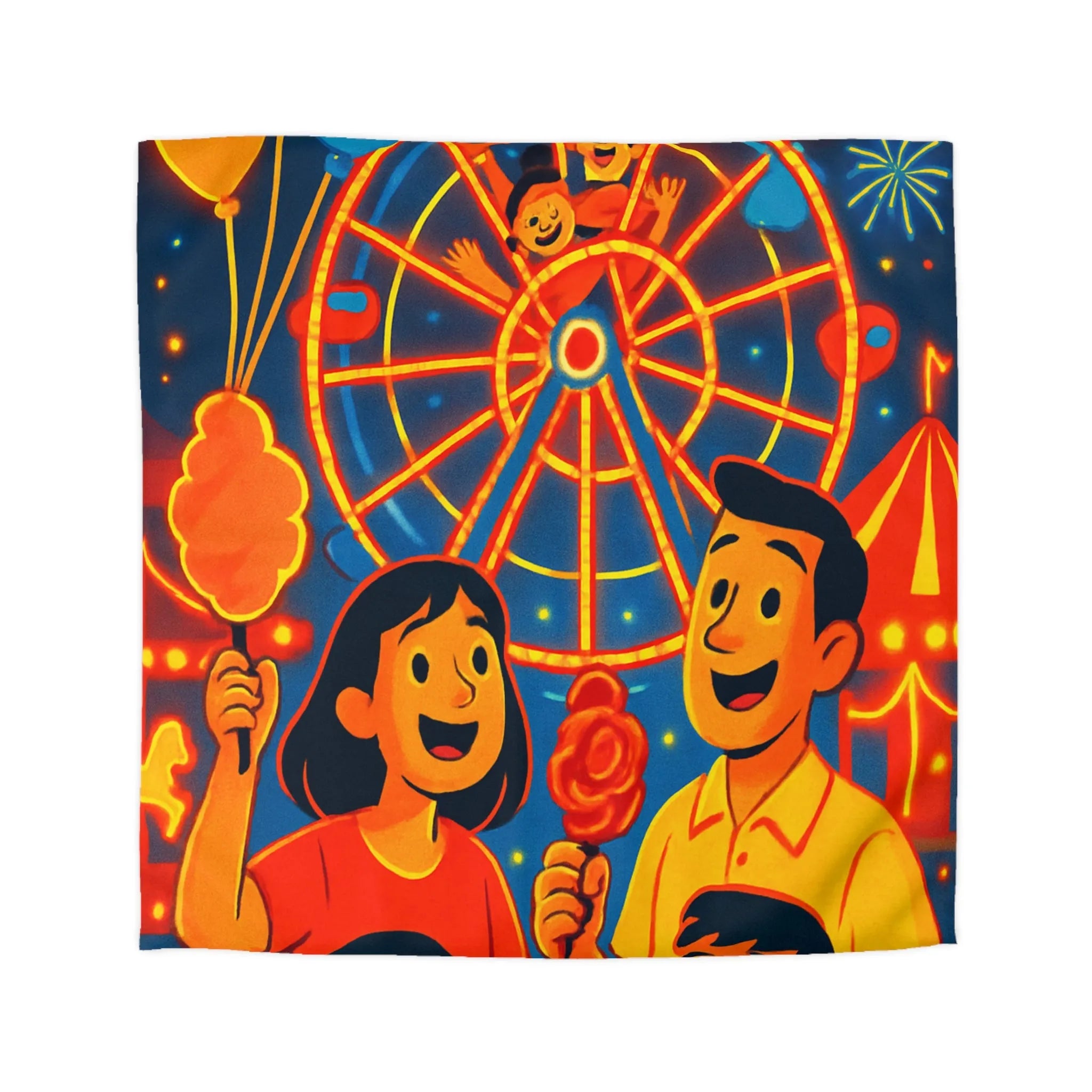 Housse de Couette Famille Heureuse Parc d'Attractions Éclairages Spectaculaires Fête Foraine à Décor