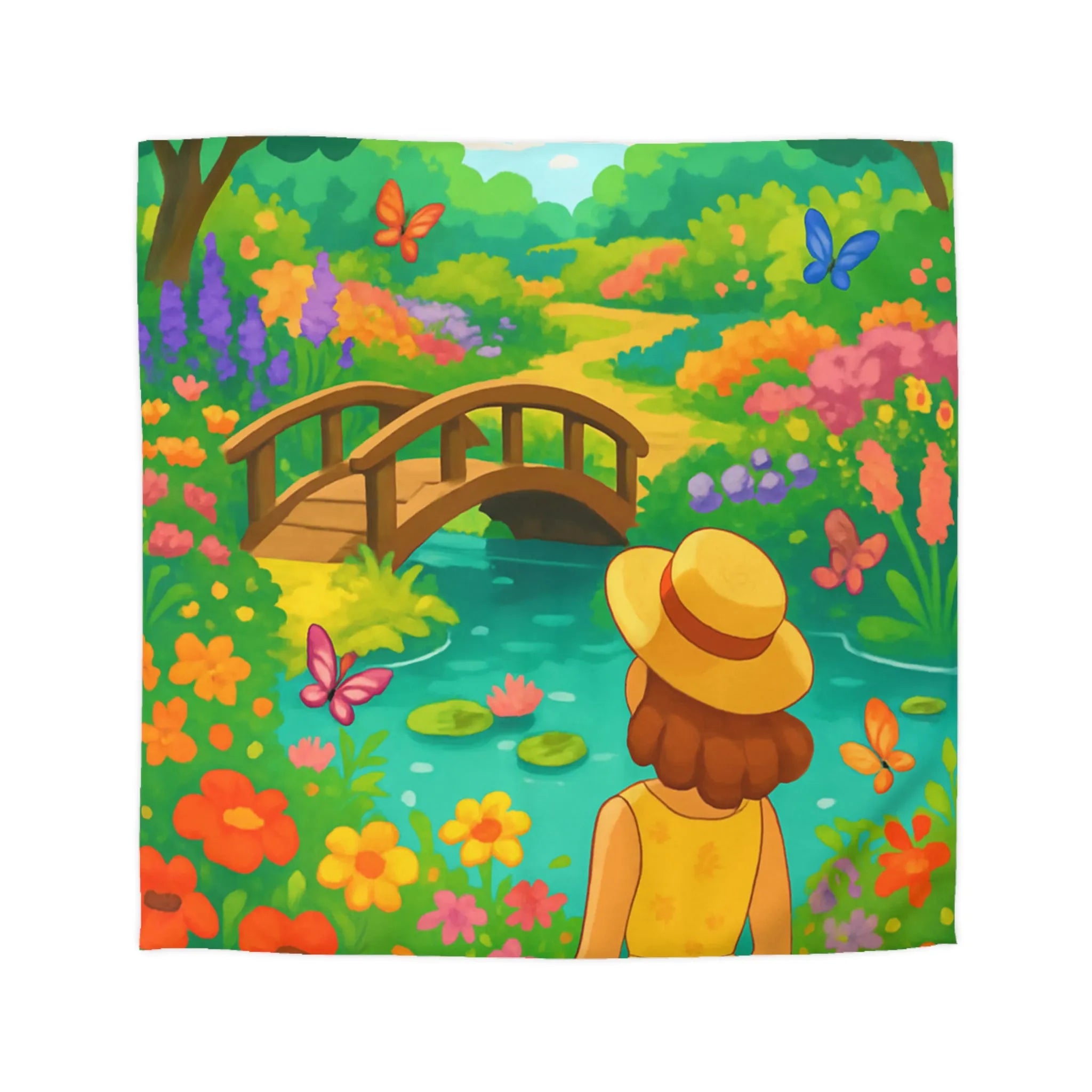 Housse de Couette Jardin Enchanté avec Pont et Papillons, Motif Vif et Coloré