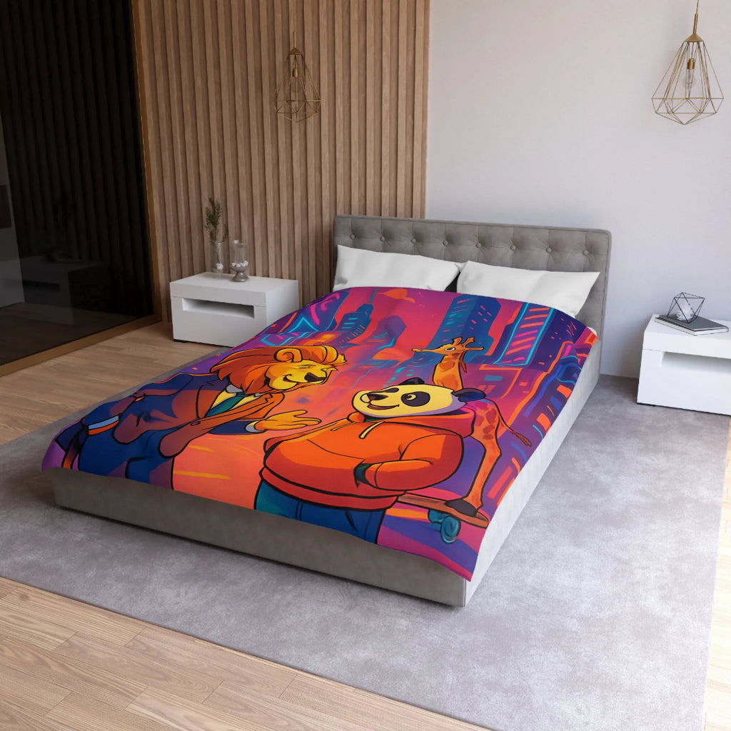 Housse de couette colorée avec lion et panda en costume urbain de ville futuriste