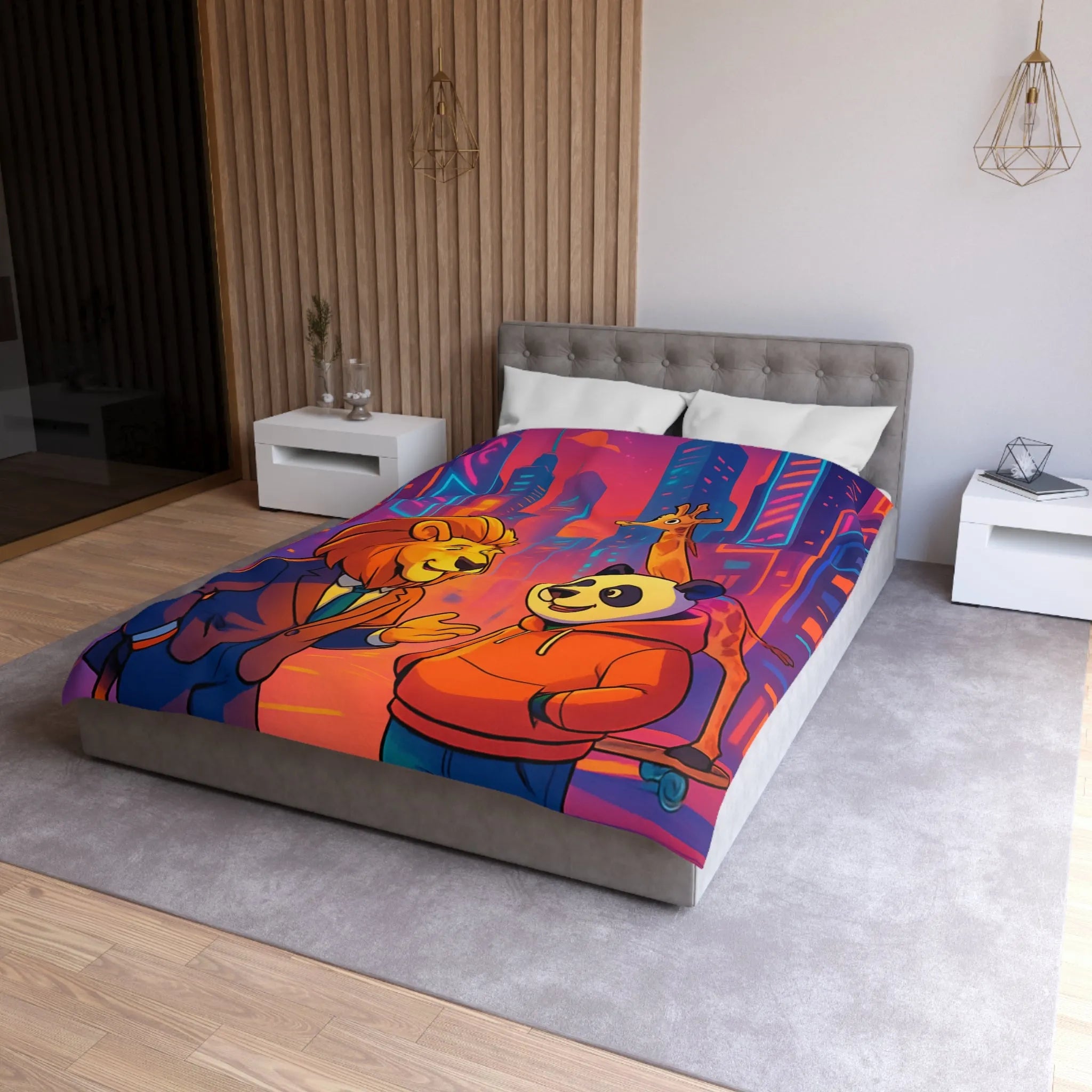 Housse de couette colorée avec lion et panda en costume urbain de ville futuriste