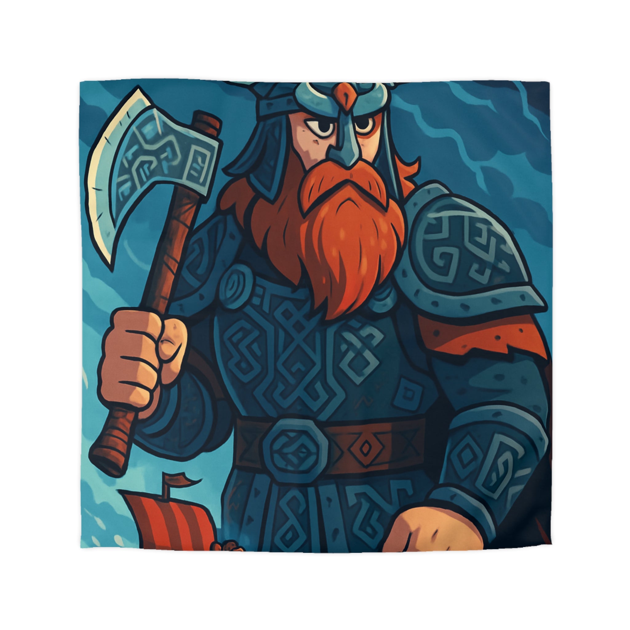 Housse de Couette Viking Illustrée avec Guerrier et Drakkar sur Fond Océan Tempétueux